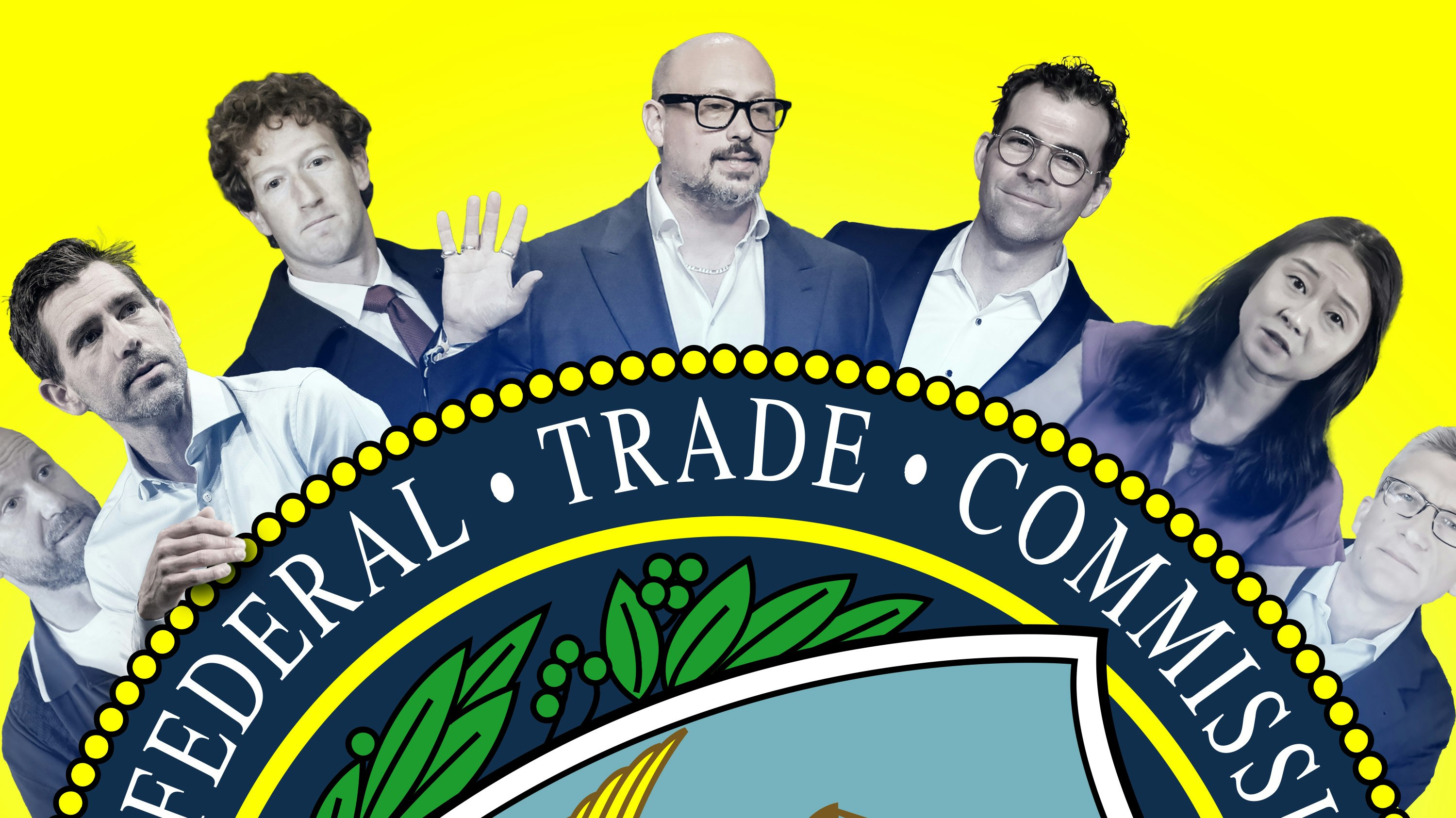 From left to right: Andrew Bosworth, Chris Cox, Mark Zuckerberg, Alex Schultz, Adam Mosseri, Susan Li and Dave Wehner. Art by Clark Miller; Images via Getty.