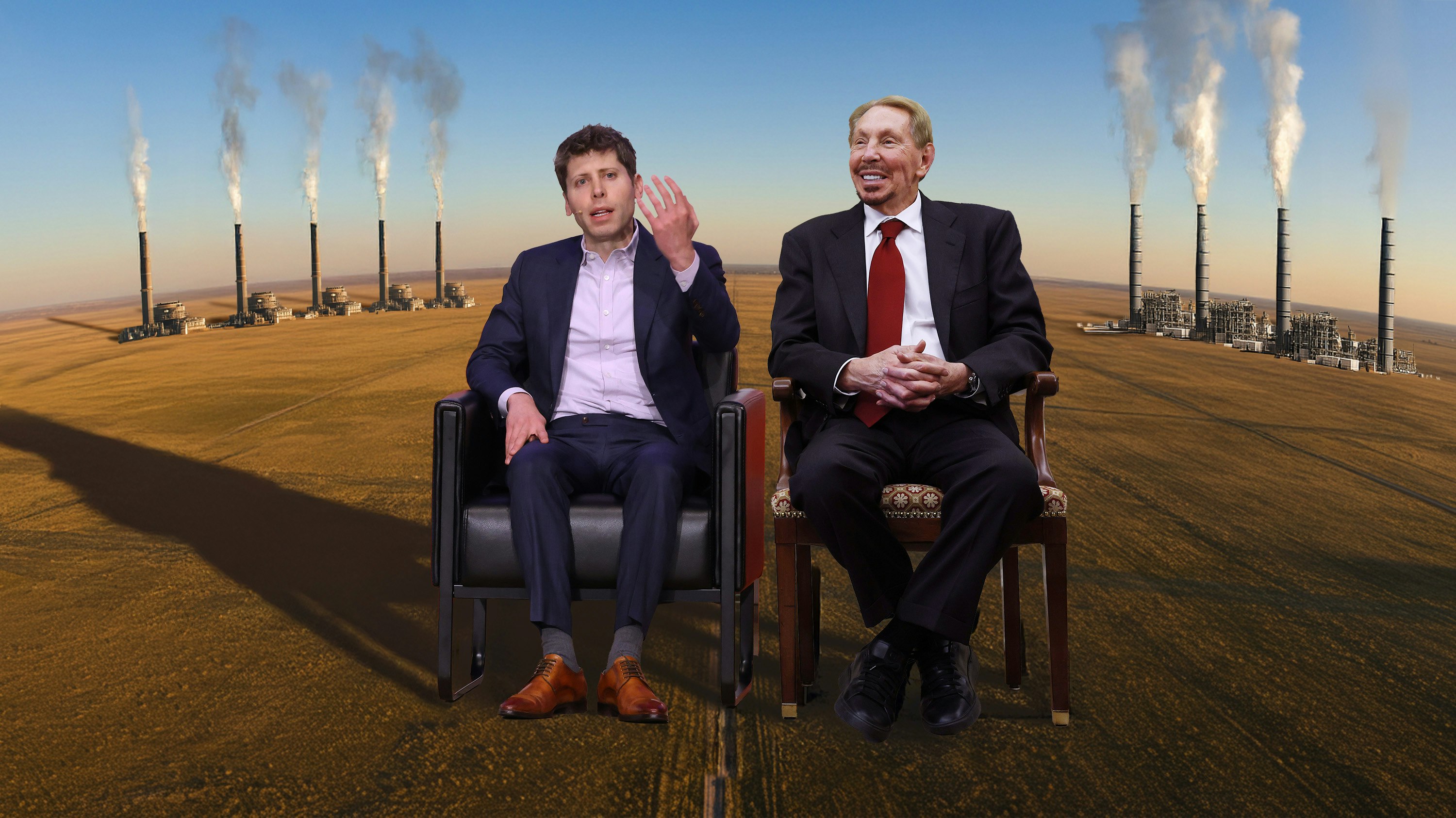 Sam Altman, Left, and Larry Ellison. Photos via Getty, art by Clark Miller