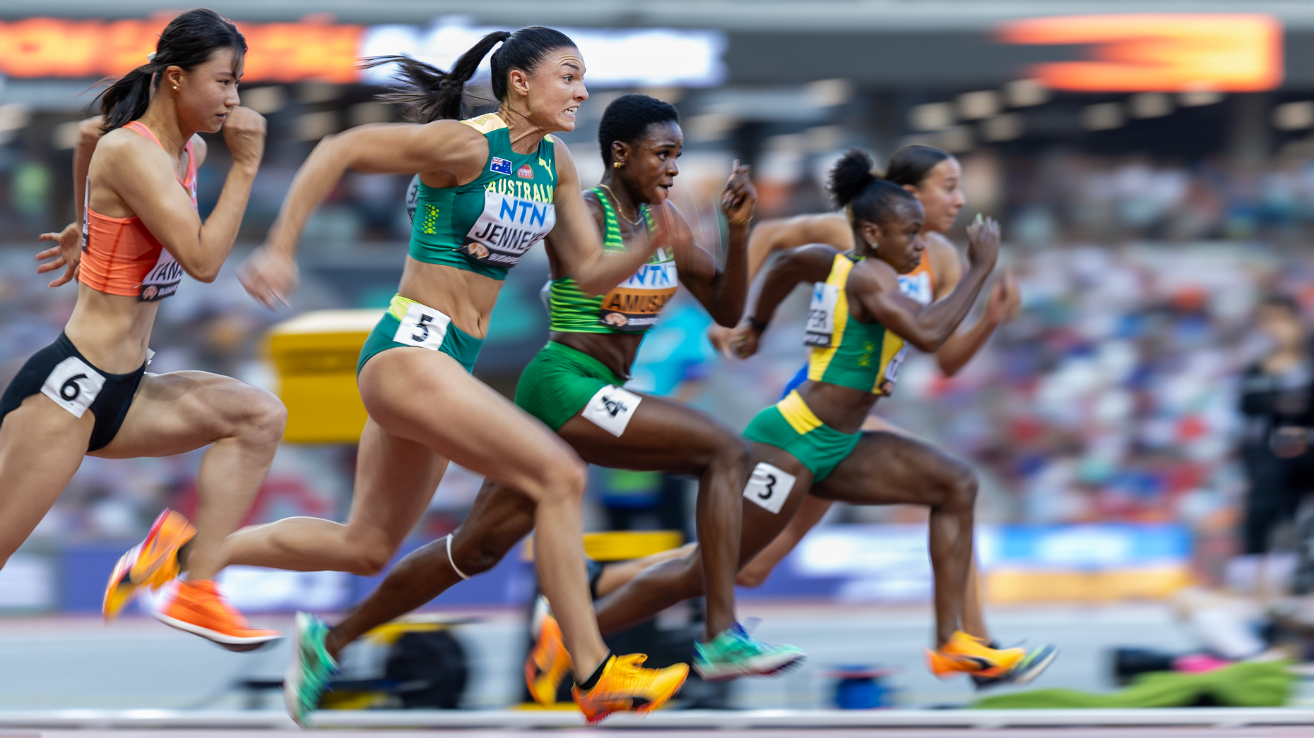 World record holder Tobi Amusan (#4 in center) competes in the women's 100 meter hurdles at the 2023 World Athletics Championships in Budapest. Photo via Getty