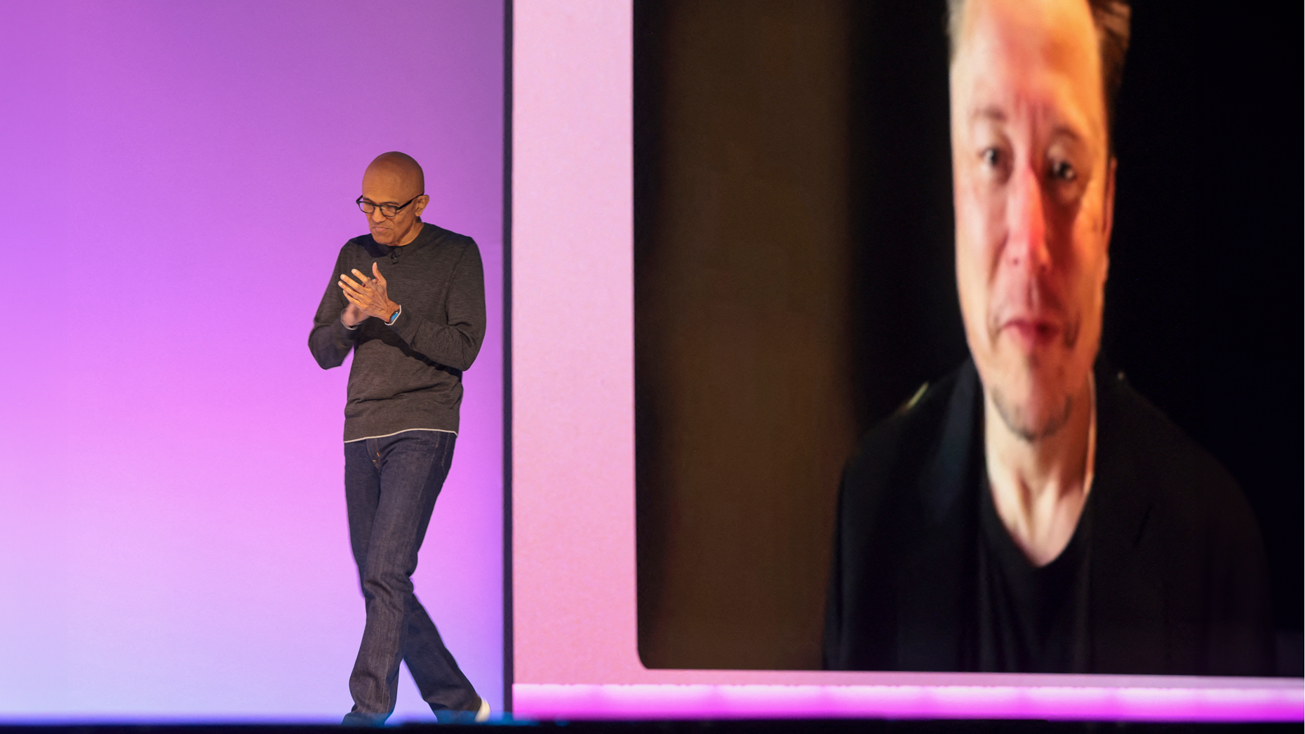 Satya Nadella returns to the stage after a pre-recorded interview with Elon Musk at the Microsoft Build conference. Photo via Getty.