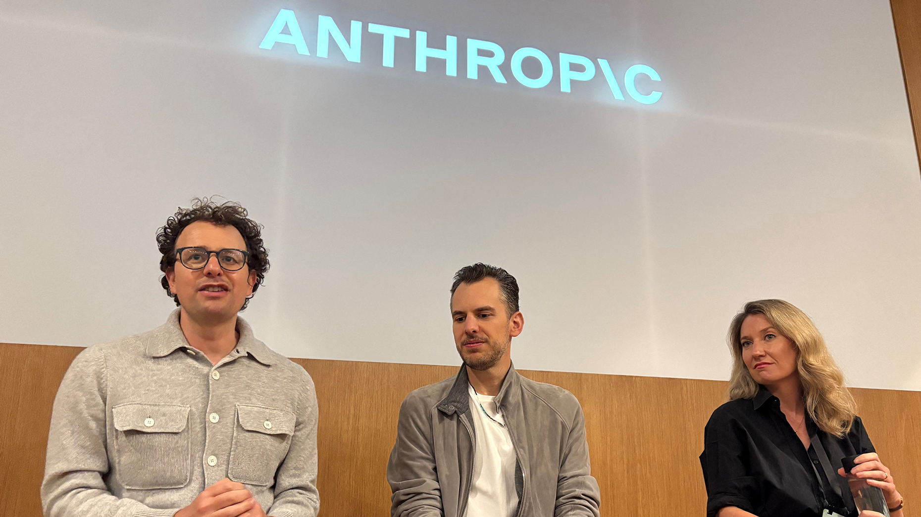 Anthropic CEO Dario Amodei, Chief Product Officer Mike Krieger and Head of Communications Sasha de Marigny at Anthropic's first developer conference in San Francisco. Photo by Getty.