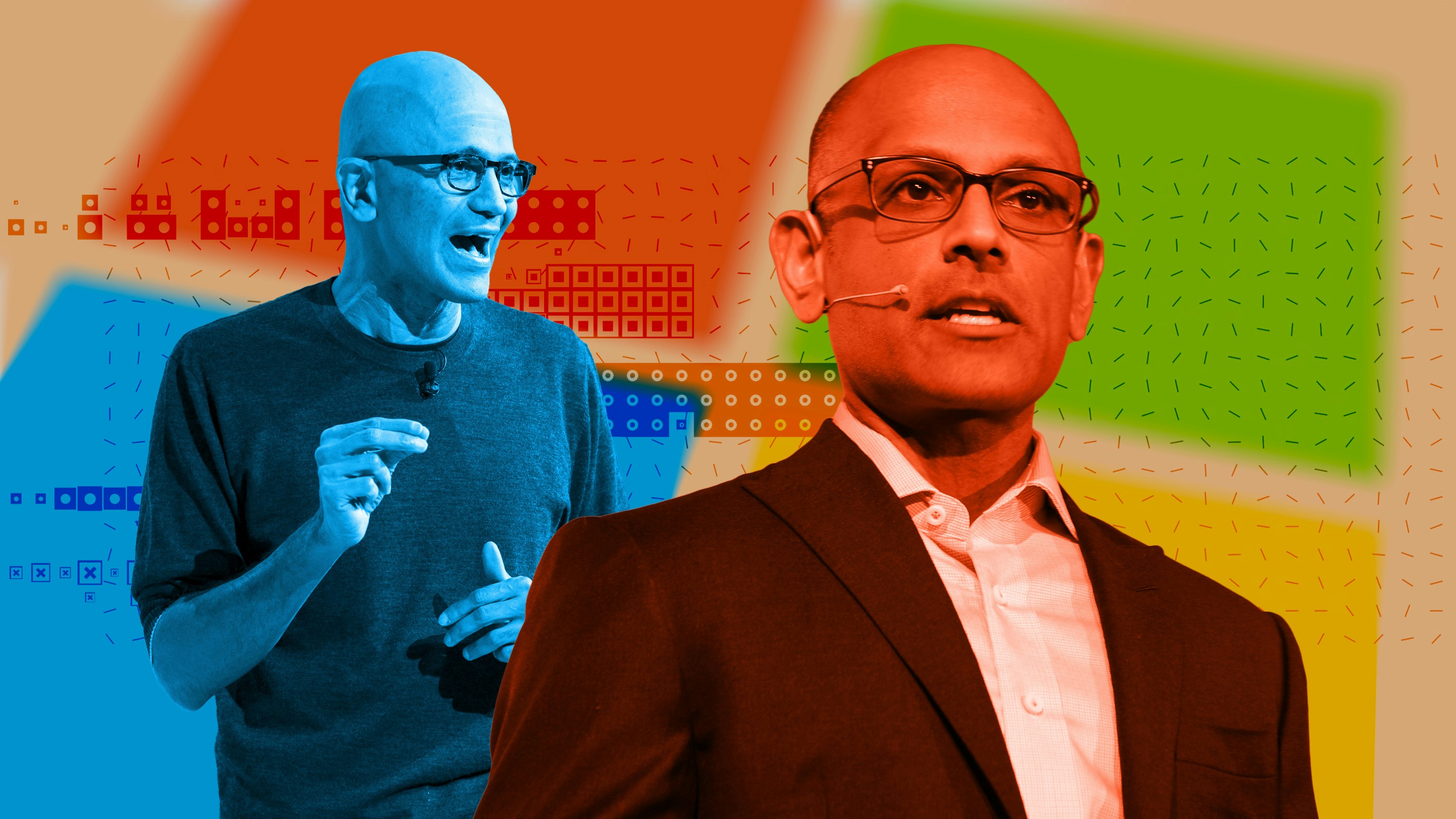 Microsoft's Satya Nadella (left) and Jay Parikh. Art by Clark Miller; Images via Getty