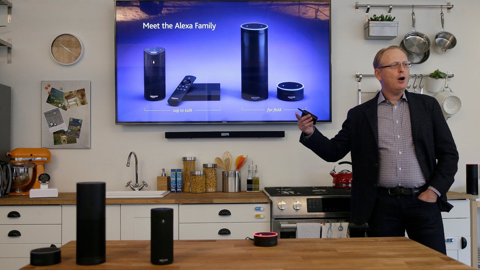 David Limp, Amazon's Senior Vice President of Devices, showing off the Echo earlier this year. Photo by AP.