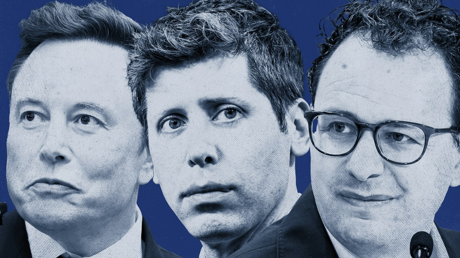 From left: Elon Musk, Sam Altman, Dario Amodei. Photos by Getty.