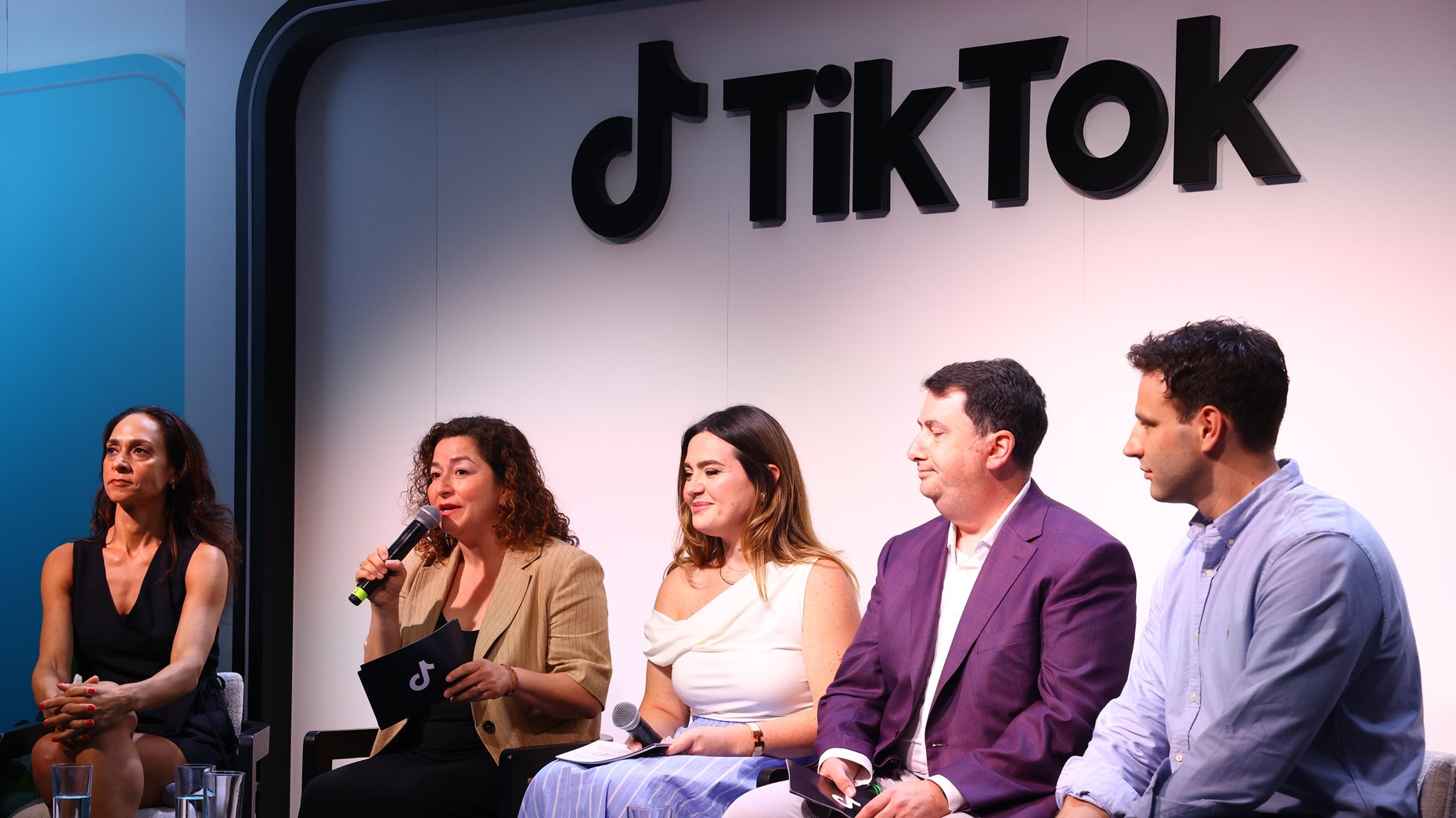 TikTok employees Khartoon Weiss, Sofia Hernandez, Kim Farrell, David Kaufman and Moritz Bartsch speak at the TikTok Cannes Lions press preview today. Photo via Getty.