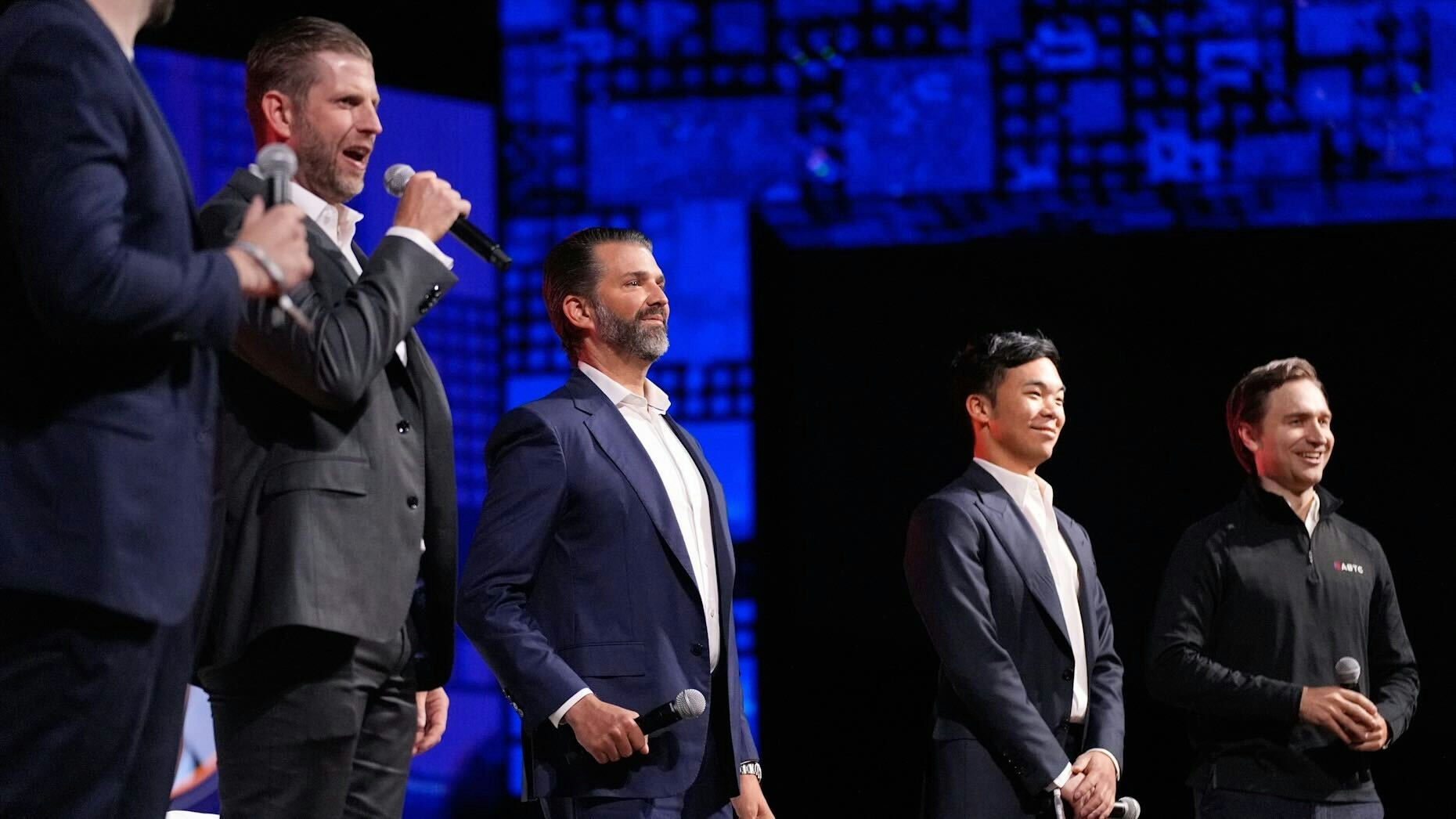 From left: Eric Trump, Donald Trump Jr., Mike Ho, (executive chairman of American Bitcoin) and Matt Prusak (CEO of American Bitcoin), at Bitcoin 2025 in Las Vegas. Photo via AP