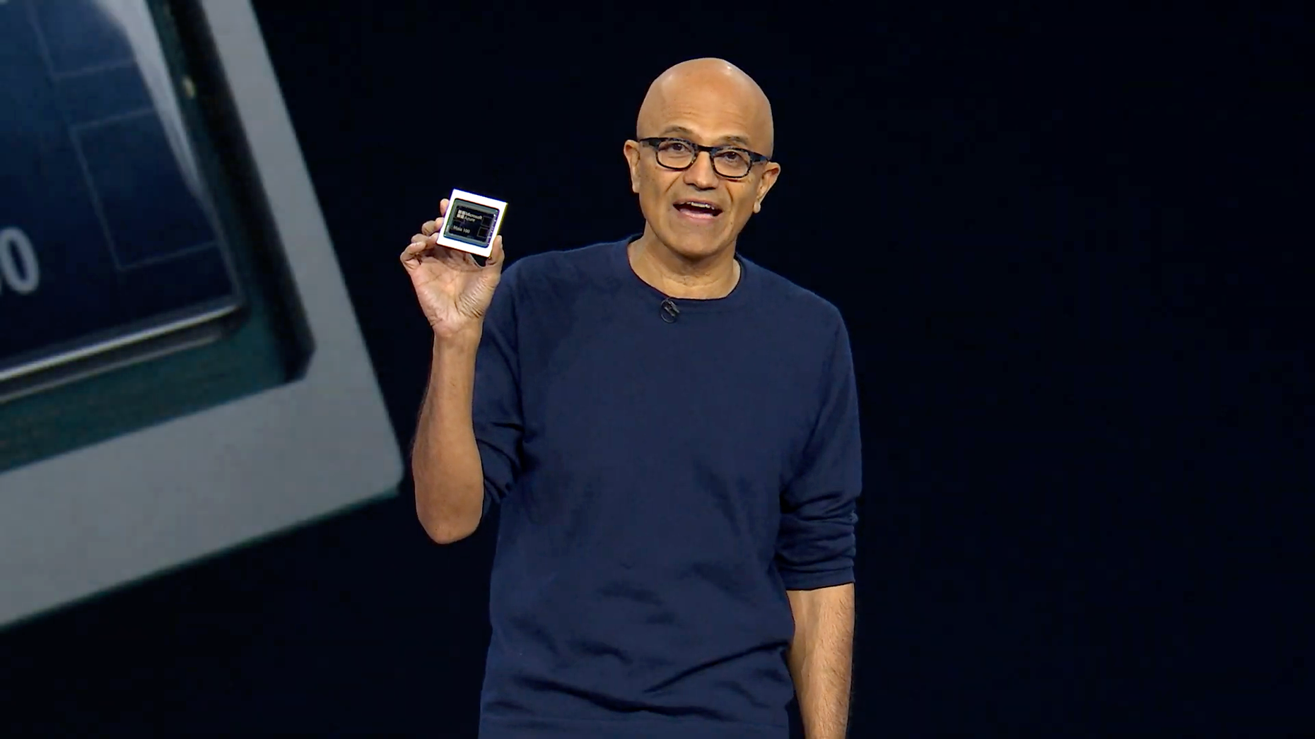 Microsoft CEO Satya Nadella holding a Maia 100 chip. Screenshot via YouTube.