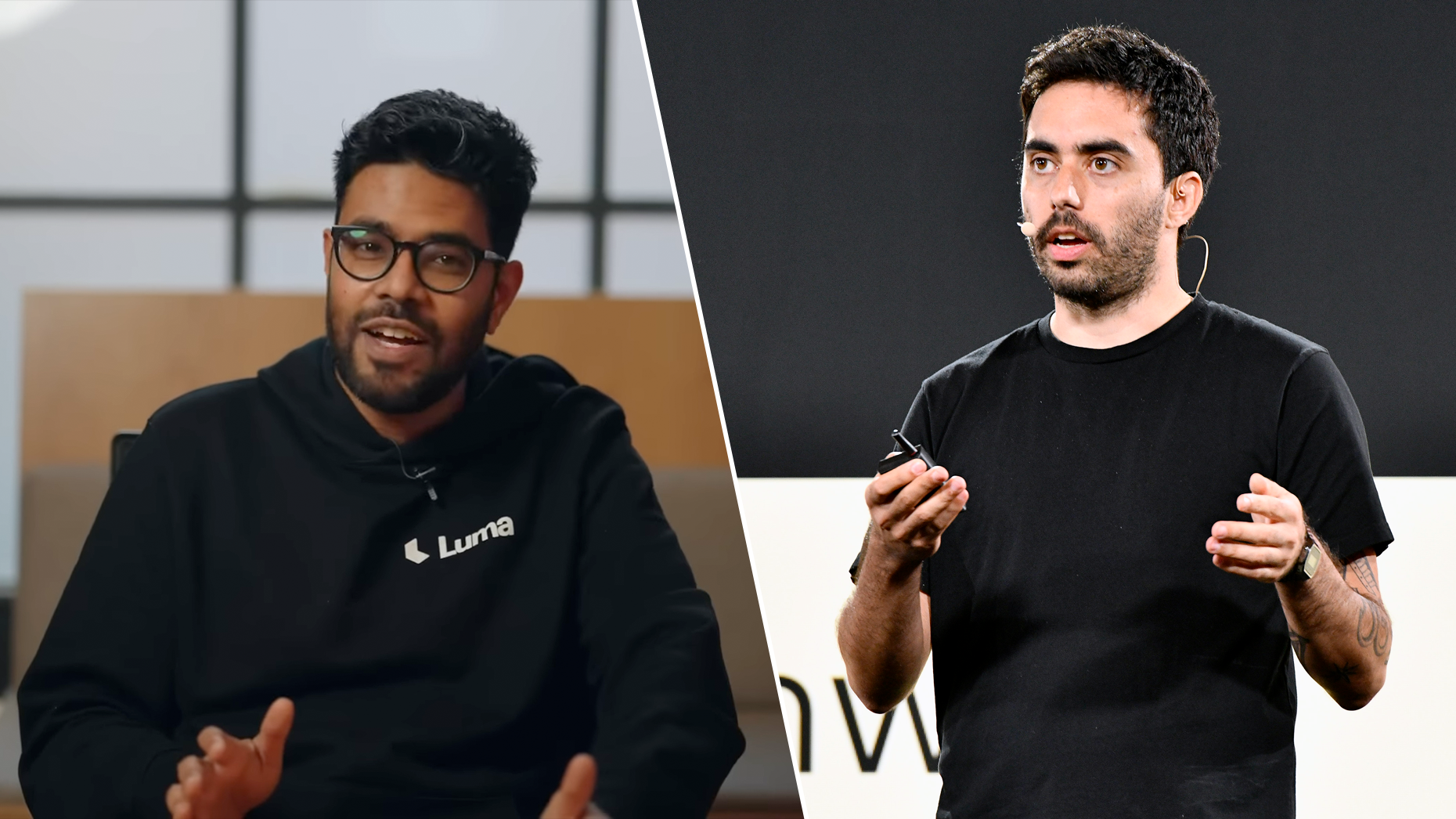 Left: Luma AI CEO Amit Jain. Right: Runway CEO Cristóbal Valenzuela. Photos via YouTube and Getty.