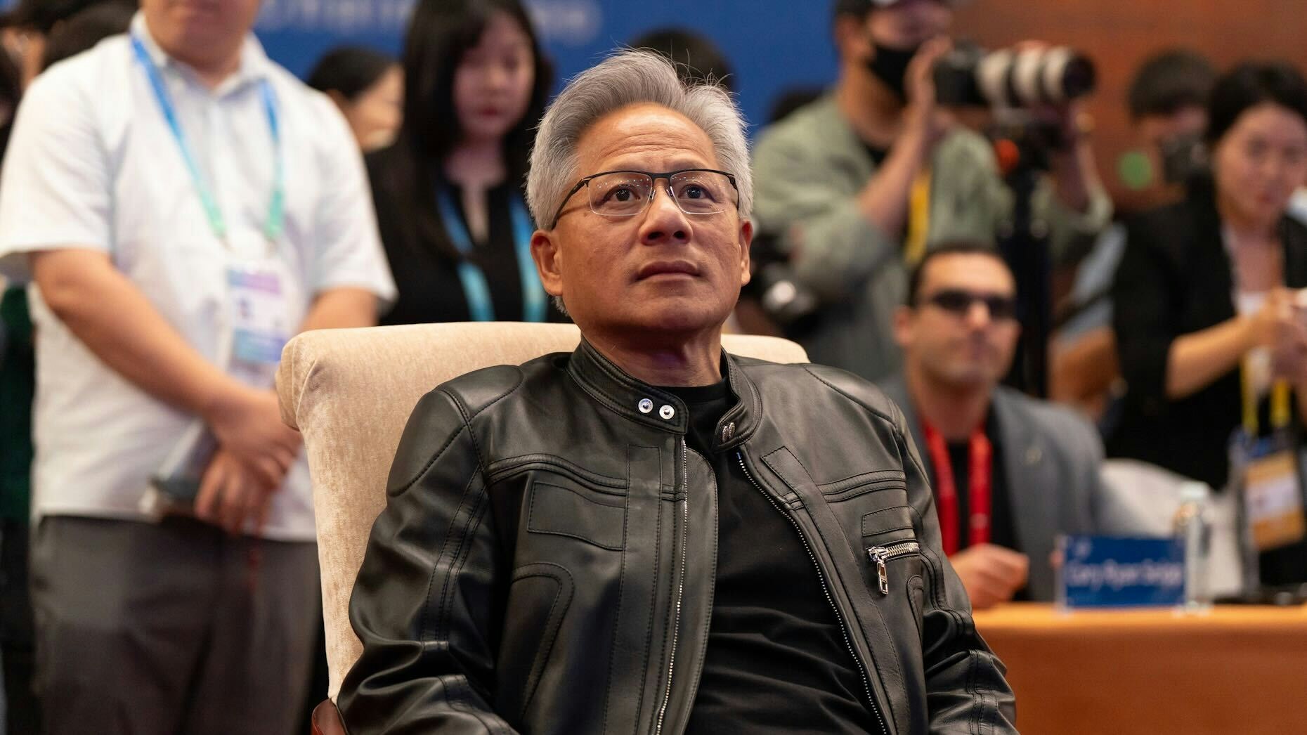 Nvidia CEO Jensen Huang at the China International Supply Chain Expo in Beijing in July. Photo via Getty
