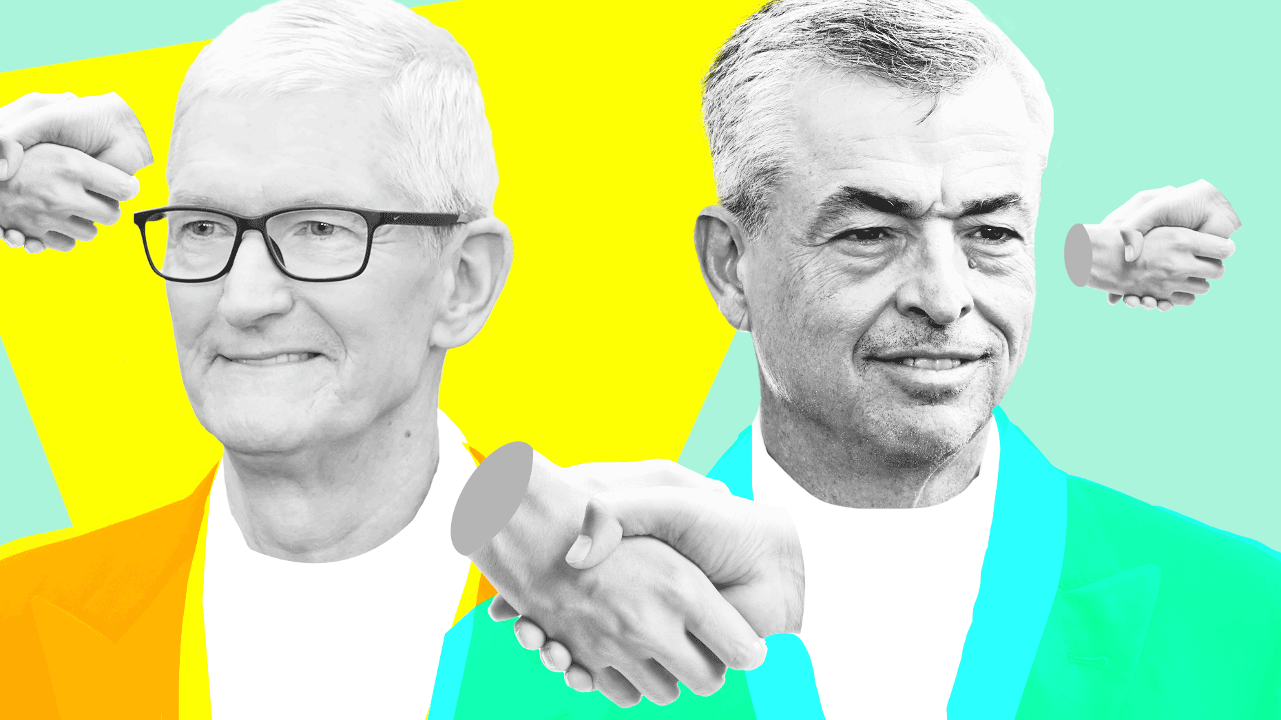 Tim Cook, left, and Eddy Cue. Photos via Getty. Art by Mike Sullivan