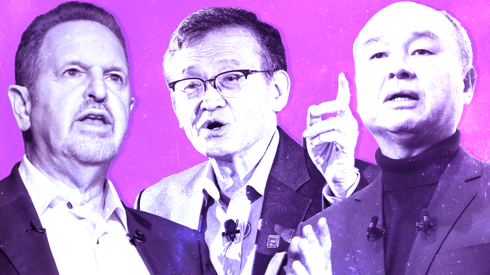 From left to right: Arm CEO Rene Haas, Intel CEO Lip-Bu Tan and Softbank CEO Masayoshi Son. Photos via Getty. Art by Mike Sullivan