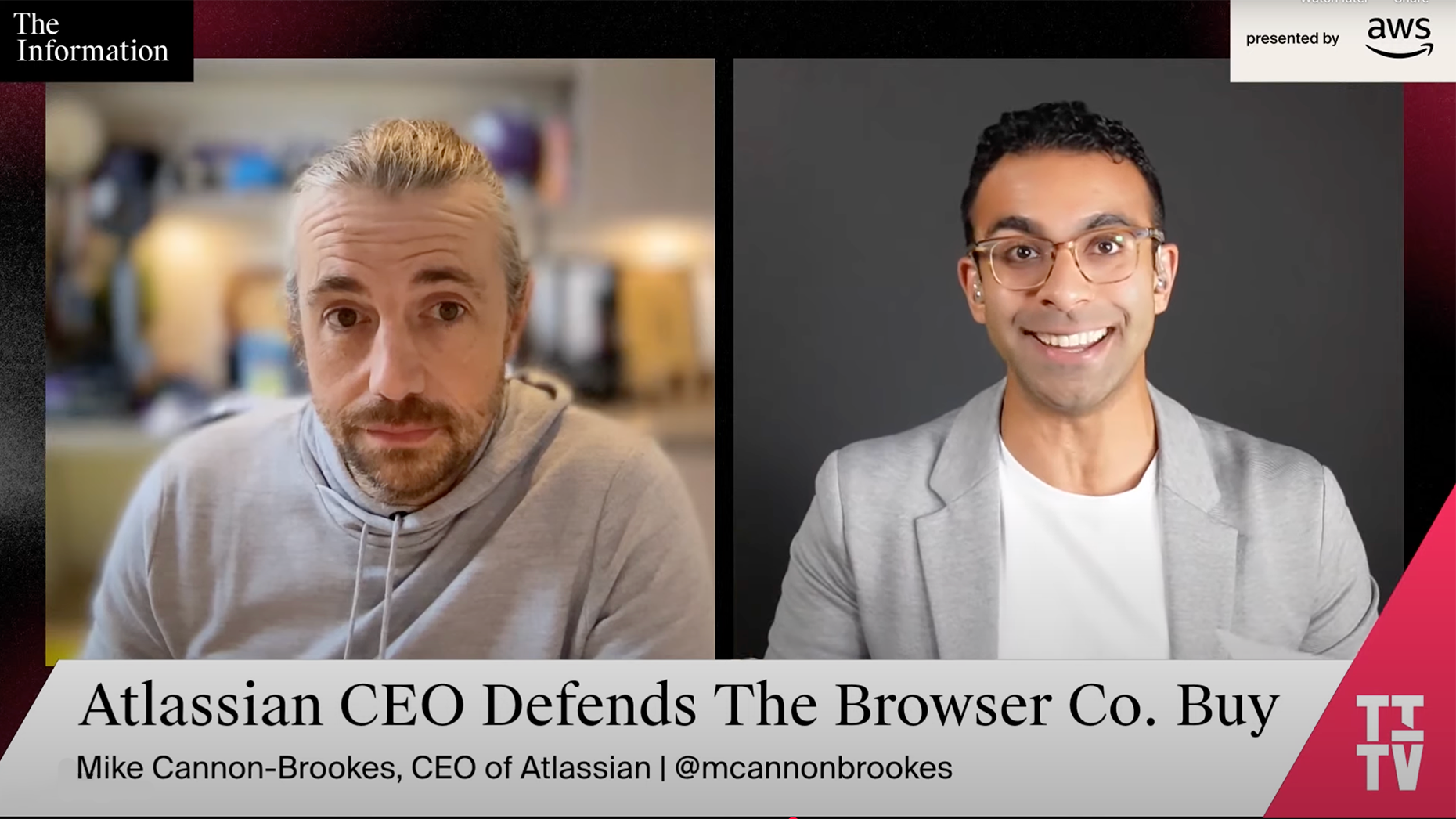 Atlassian CEO Mike Cannon-Brookes (l) and The Information reporter Akash Pasricha (r).