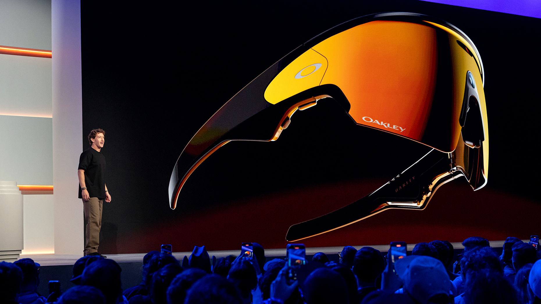 Mark Zuckerberg introduces the Meta Oakley Vanguard AI glasses at Meta Connect. Photo via Getty
