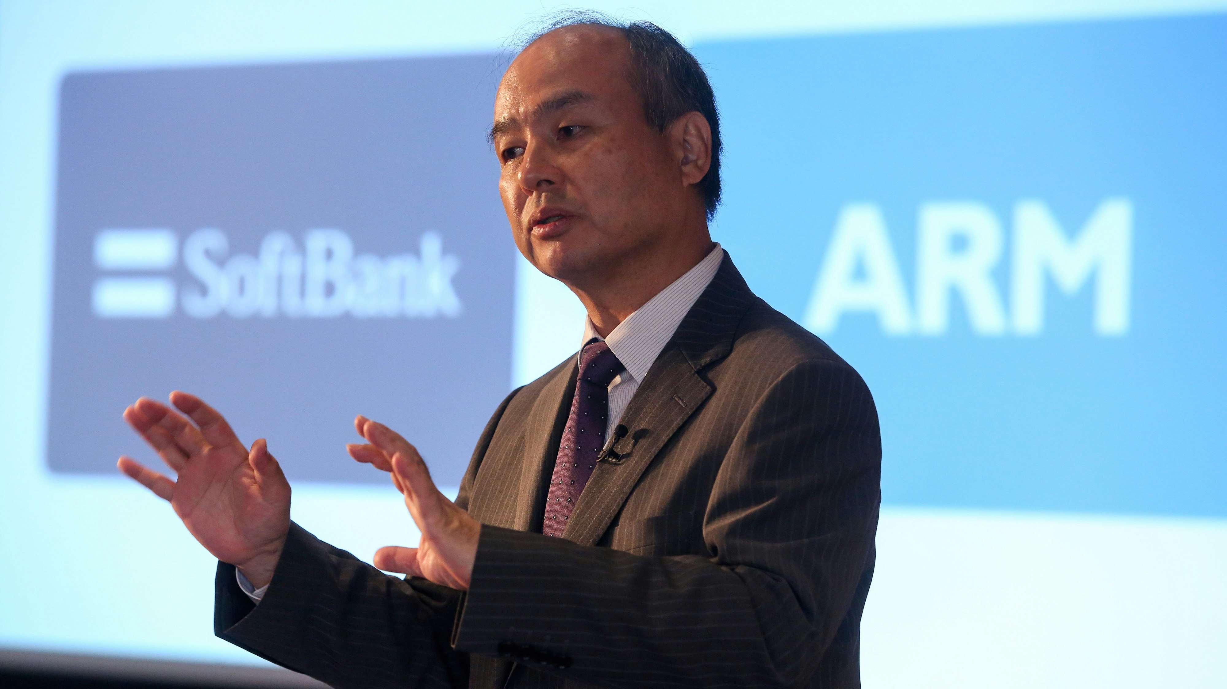 SoftBank Group Chairman Masayoshi Son announcing SoftBank's purchase of ARM Holdings this month. Photo by Bloomberg.