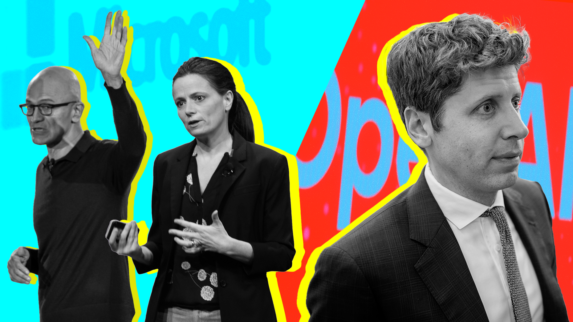 Left to right: Microsoft's Satya Nadella and Amy Hood, OpenAI's Sam Altman. Art: Shane Burke. Photos: Getty