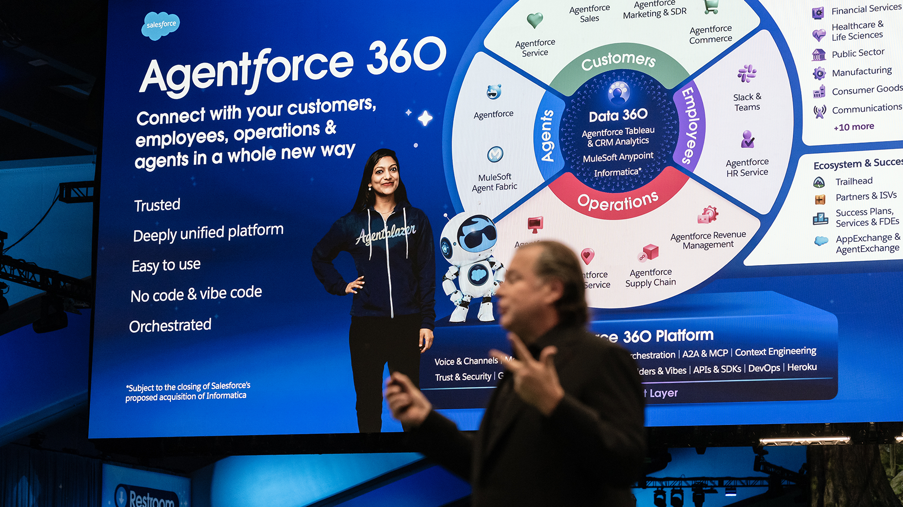 Marc Benioff, CEO of Salesforce, speaks during the 2025 Dreamforce conference in San Francisco. Photo by Getty Images