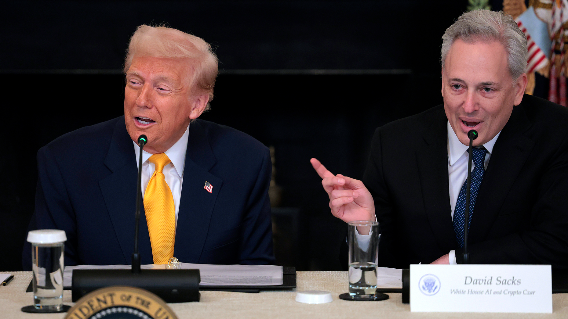 President Donald Trump, left, and White House AI "czar" David Sacks. Photo by Anna Moneymaker/Getty Images.