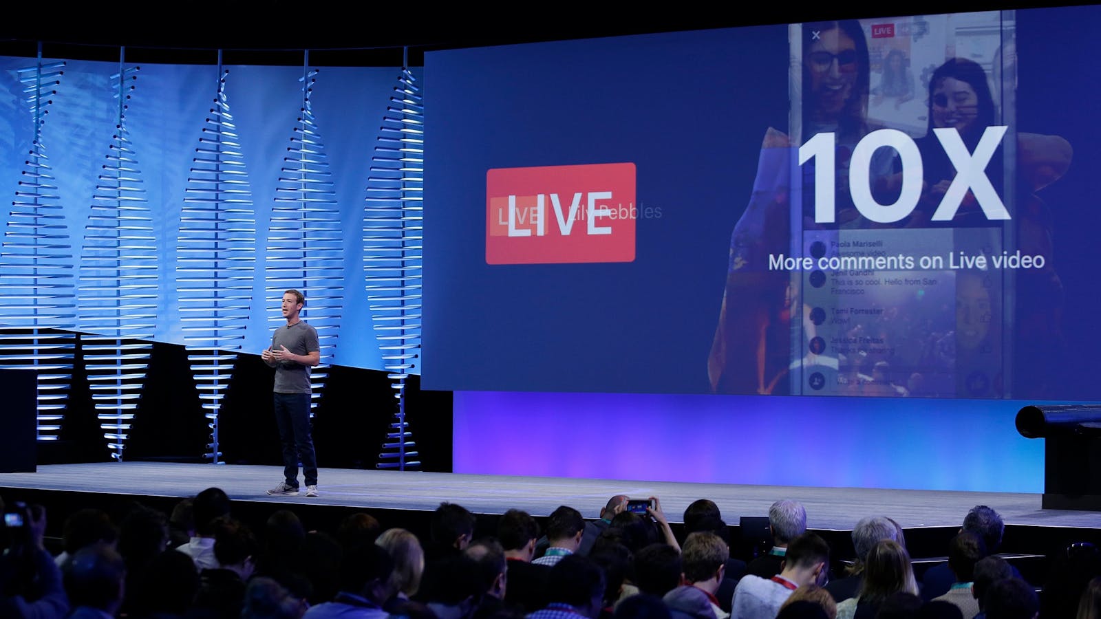 Facebook CEO Mark Zuckerberg talking about Facebook's plans for live video at its F8 developer conference in April. Photo by AP. 