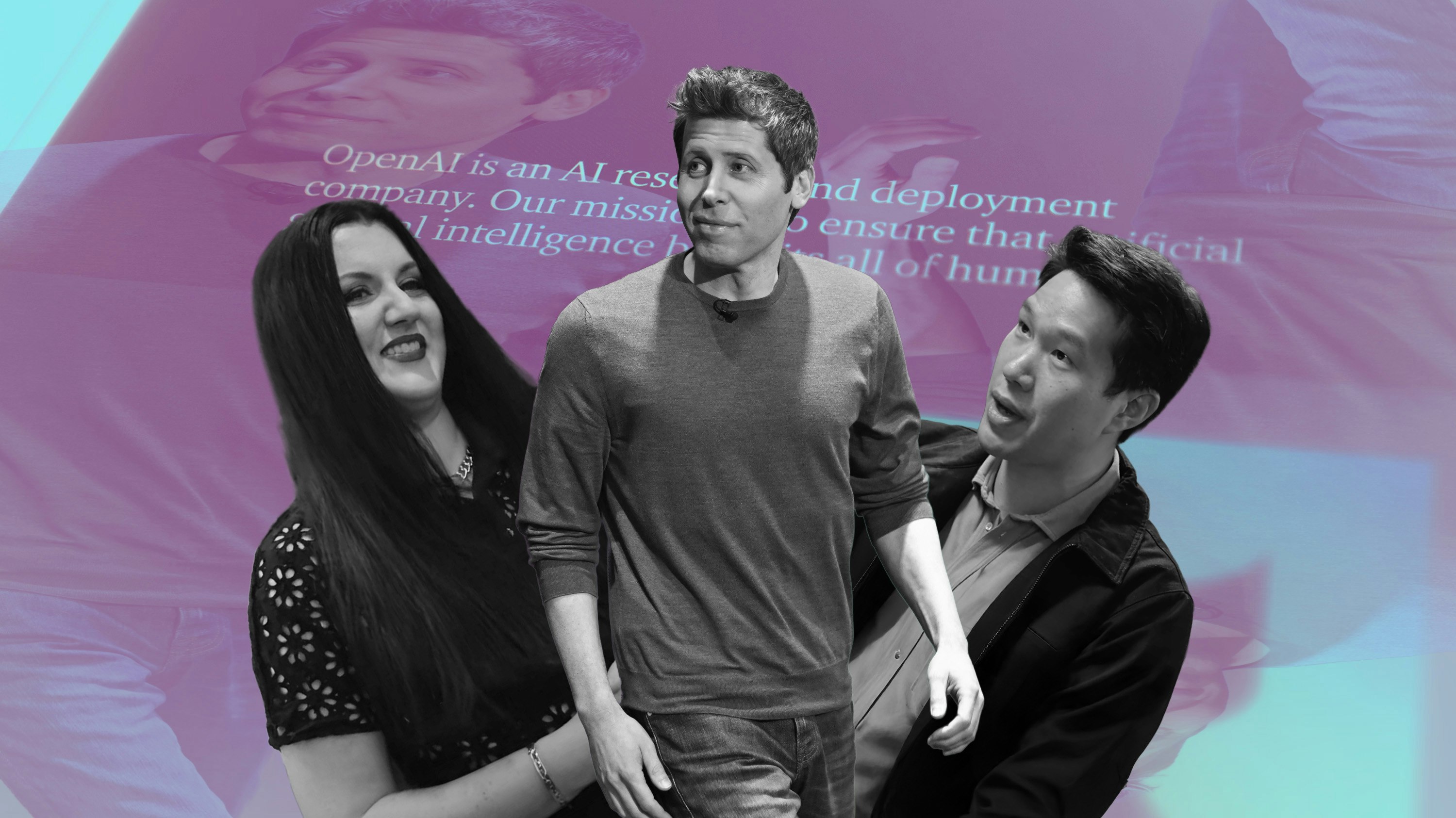 OpenAI executives Fidji Simo, Sam Altman and Mark Chen. Images via Getty. Art by Clark Miller.