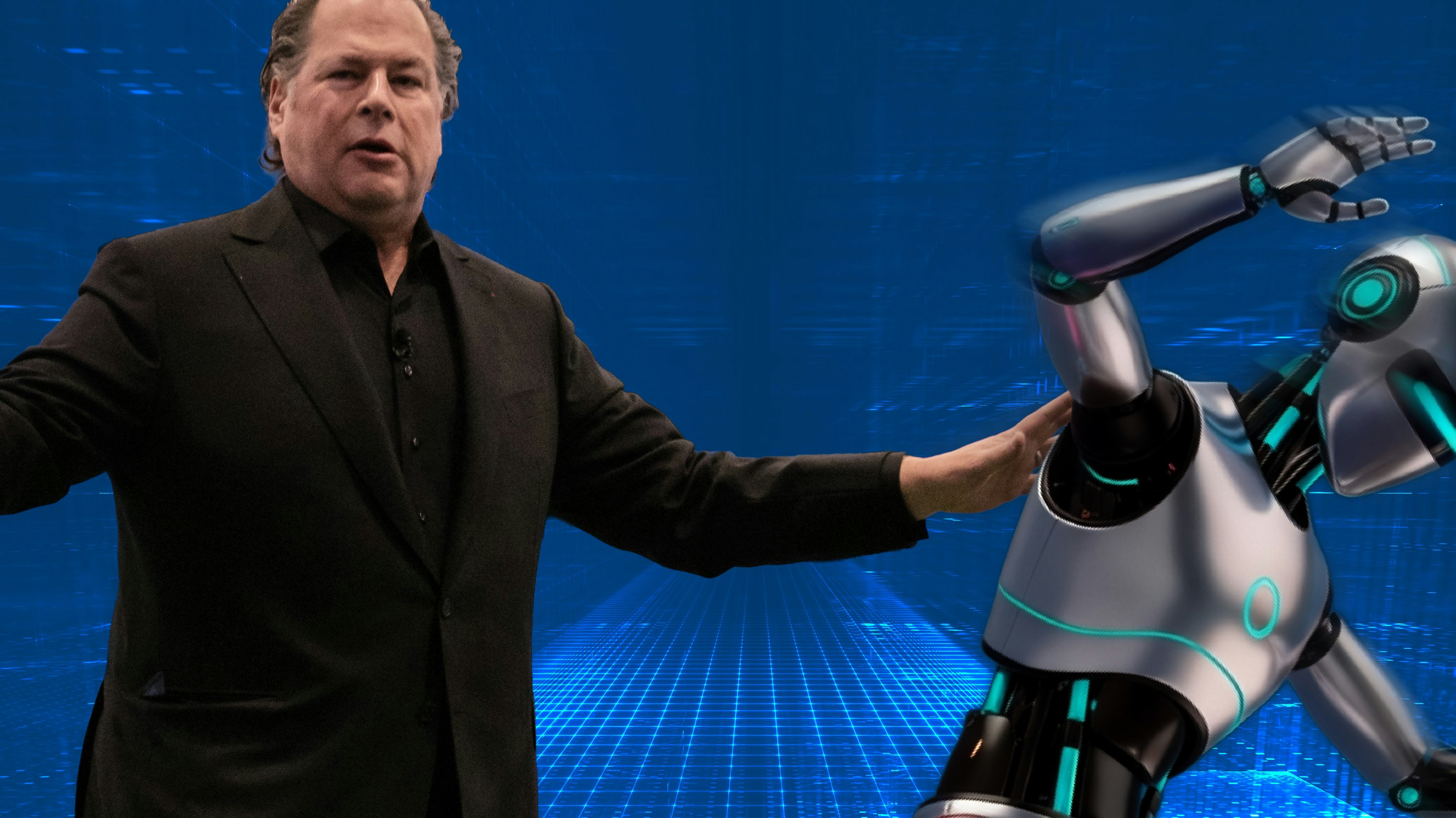 Salesforce CEO Marc Benioff via Getty, art by Clark Miller