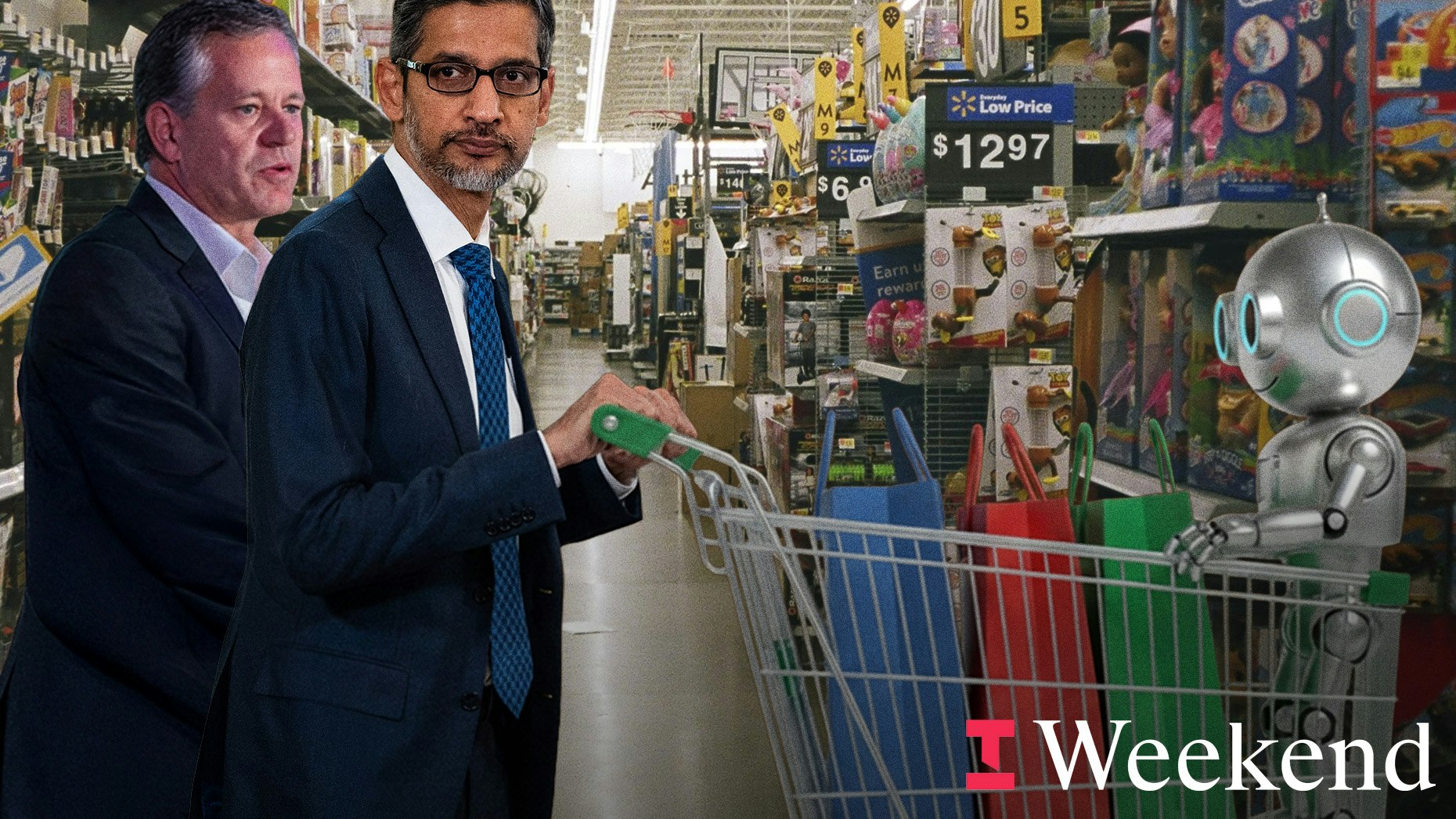 Incoming Walmart CEO John Furner (left) and Google CEO Sundar Pichai. Art by Clark Miller