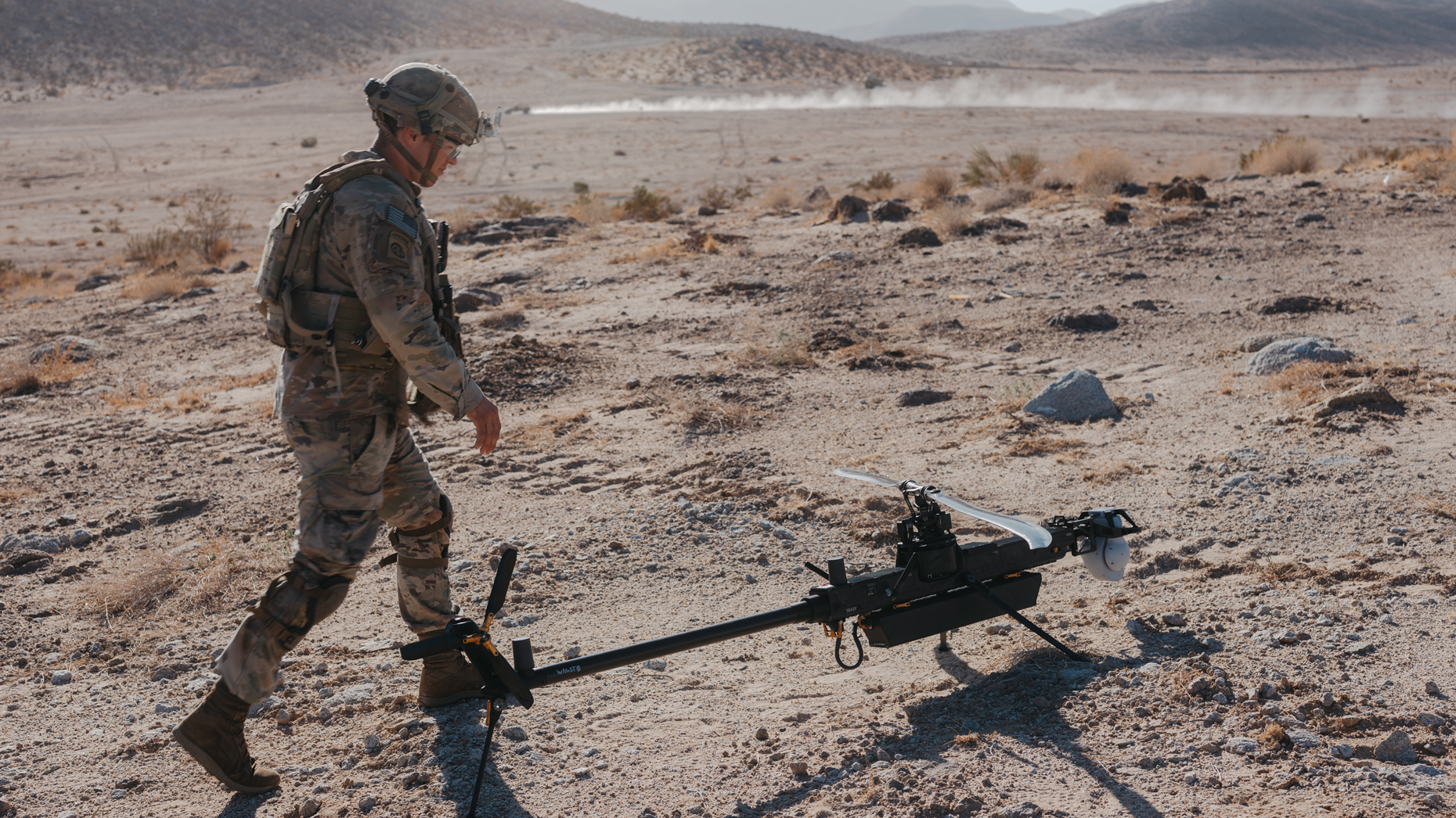 A soldier operates an Anduril Ghost-X reconnaissance drone at the National Training Center in Fort Irwin, Calif. Getty Images.