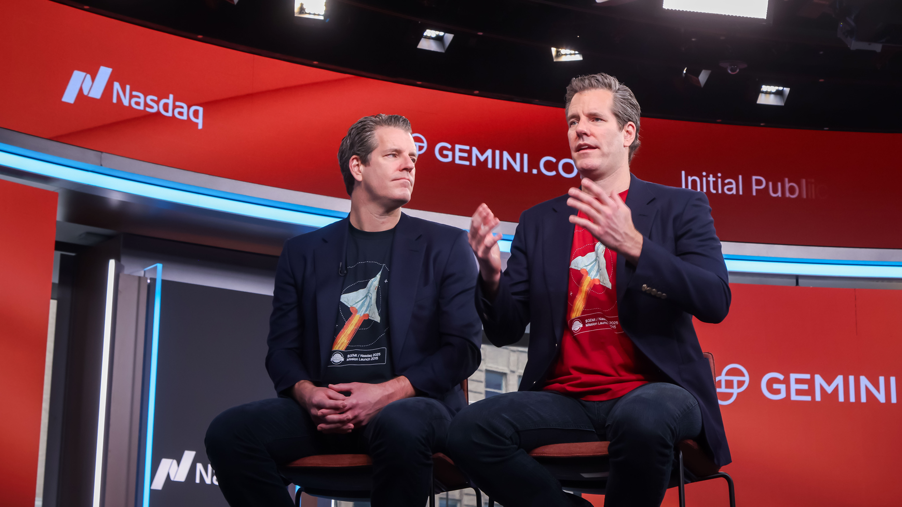 Gemini co-founders Tyler and Cameron Winklevoss during the company's initial public offering in September. Michael Nagle/Getty Images.