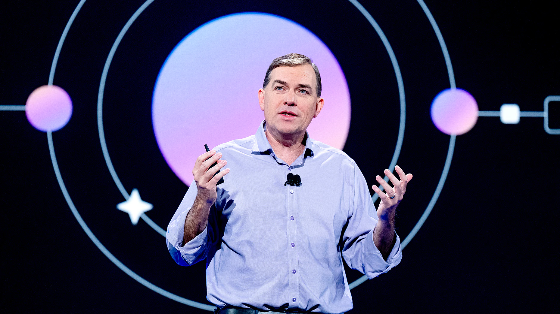AWS CEO Matt Garman delivers a keynote address during AWS re:Invent 2025. Photo by Noah Berger/Getty Images.