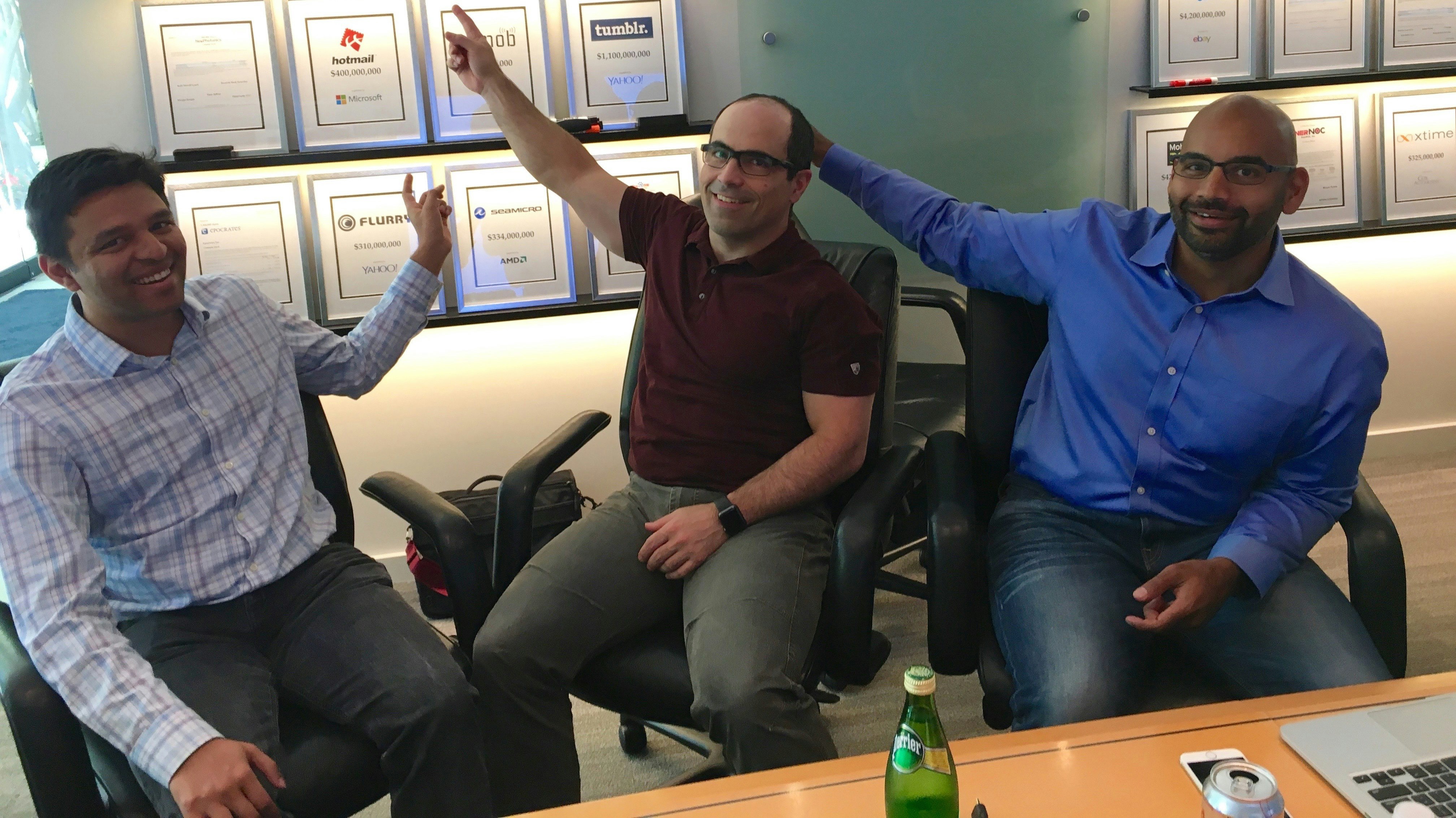 Nervana's three co-founders, Arjun Bansal,  Amir Khosrowshahi and Naveen Rao, at a meeting at DFJ, one of Nervana's investors, during the sale talks. Photo by Flickr/Steve Jurvetson. 