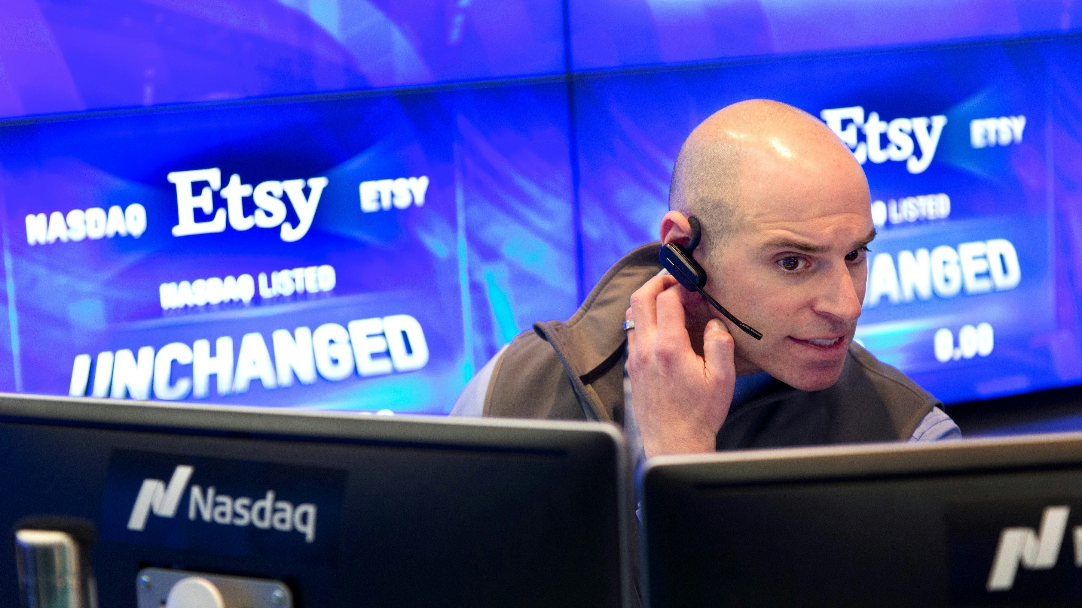 At Nasdaq on the day Etsy went public. Photo by AP.