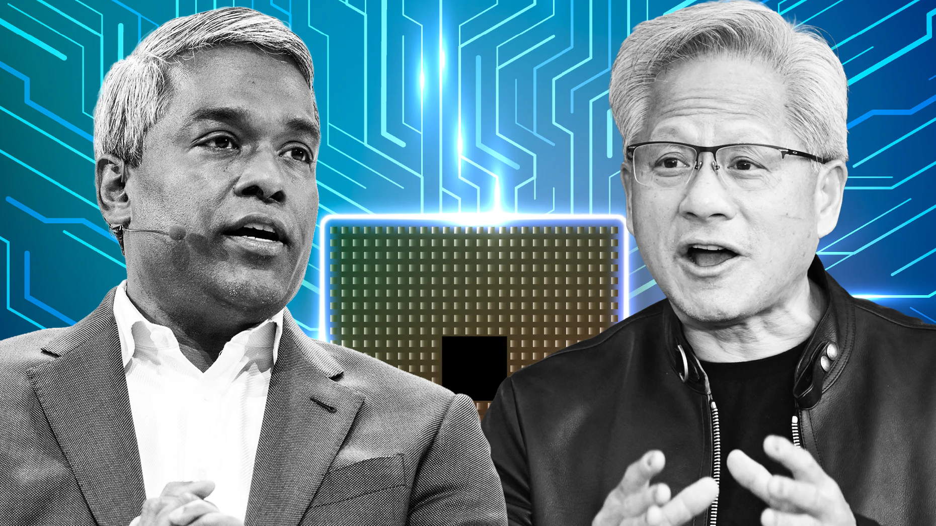 Thomas Kurian, left, and Jensen Huang. Photos via Getty; art by Mike Sullivan