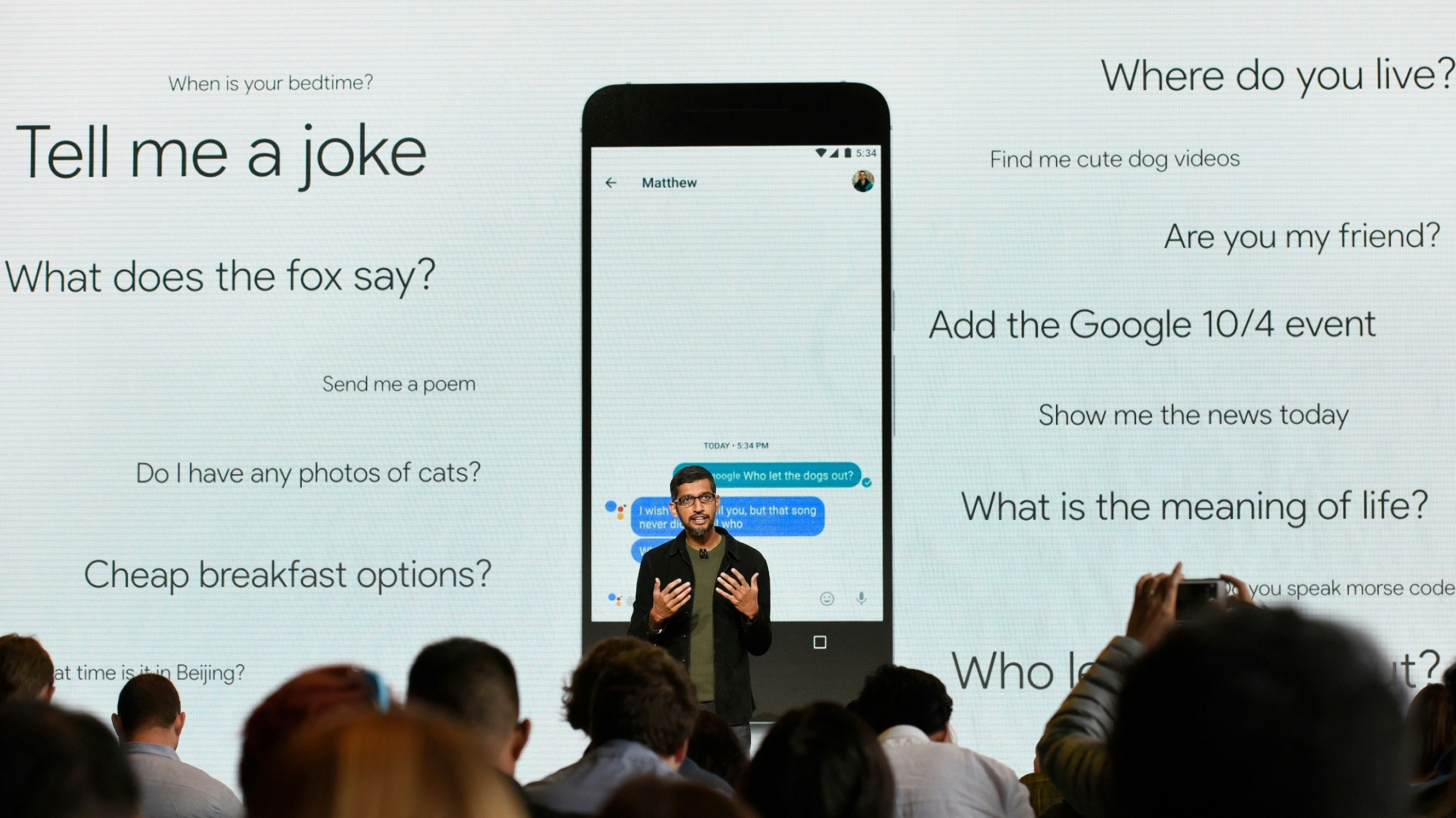 Google CEO Sundar Pichai discussing Google's new Pixel smartphone and its virtual assistant at Tuesday's launch event. Photo by Bloomberg.