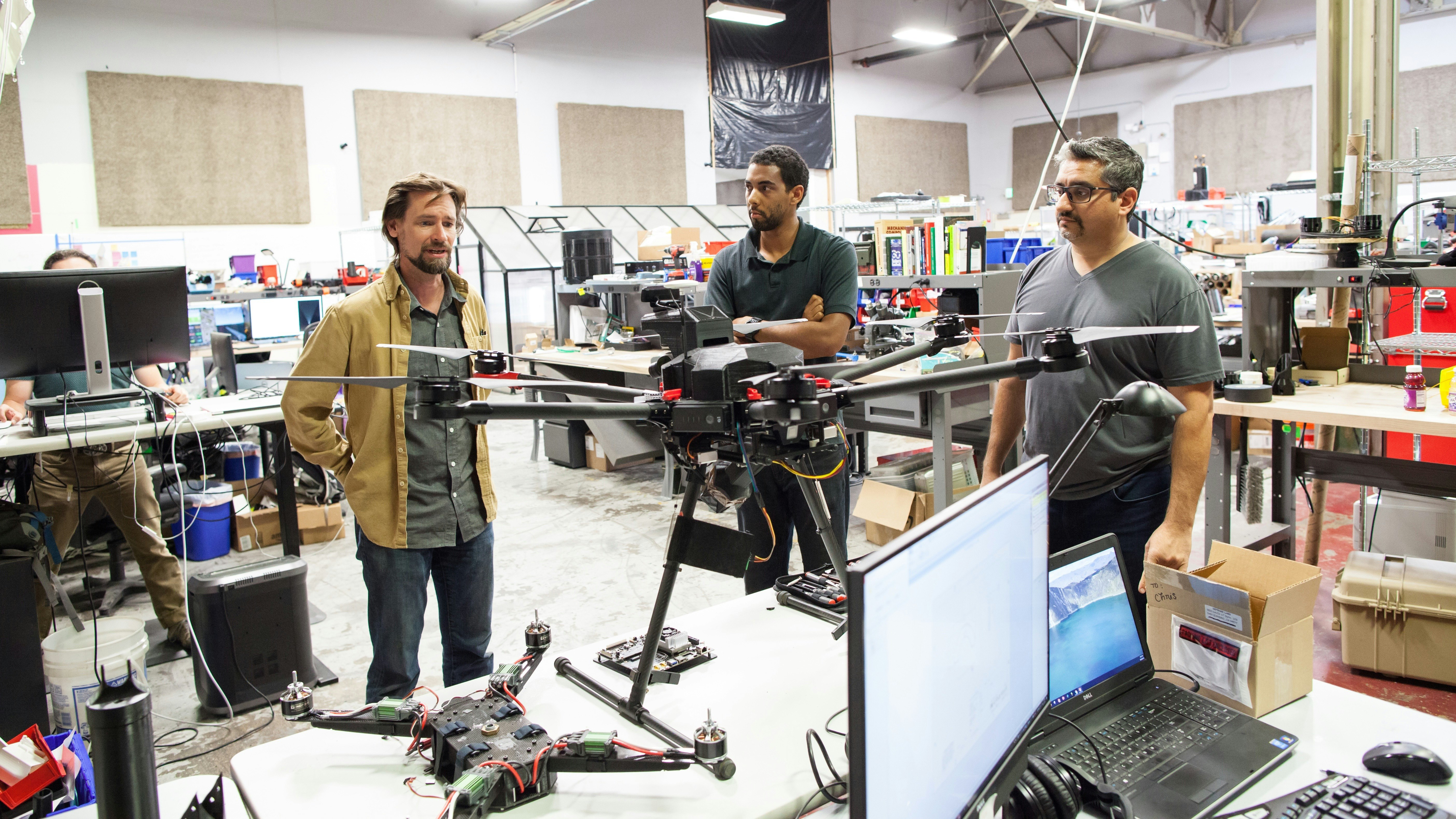 Airspace co-founders Earl Stirling, Noah Moore and Jaz Banga with the company’s “Interceptor” drone-catcher. Photo by Reed Albergotti. Video by Airspace.