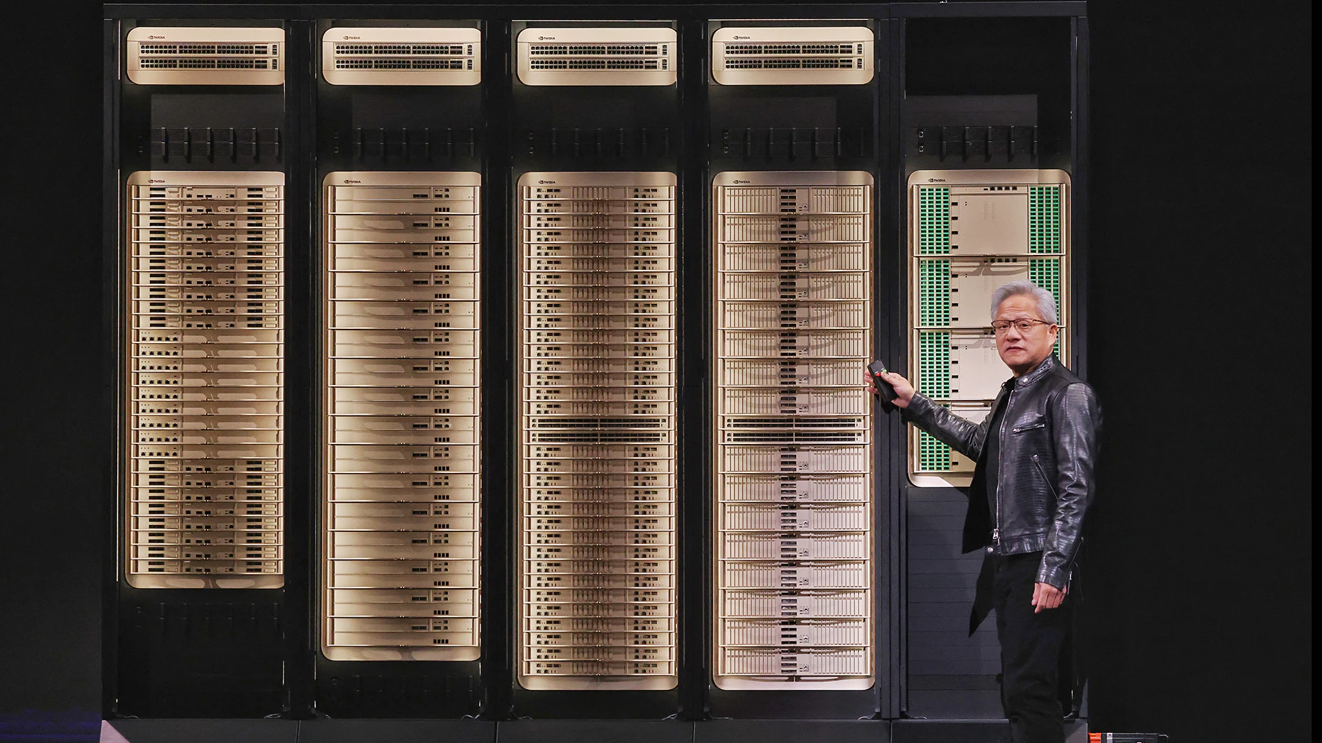 Nvidia CEO Jensen Huang introduces the Vera Rubin server racks. Photo by I-Hwa Cheng/Getty Images