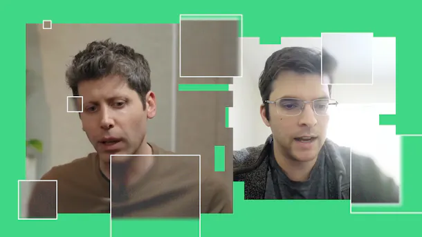 Credit: OpenAI CEO Sam Altman and Rain AI CEO Jack Kendall. Art by Clark Miller; YouTube.