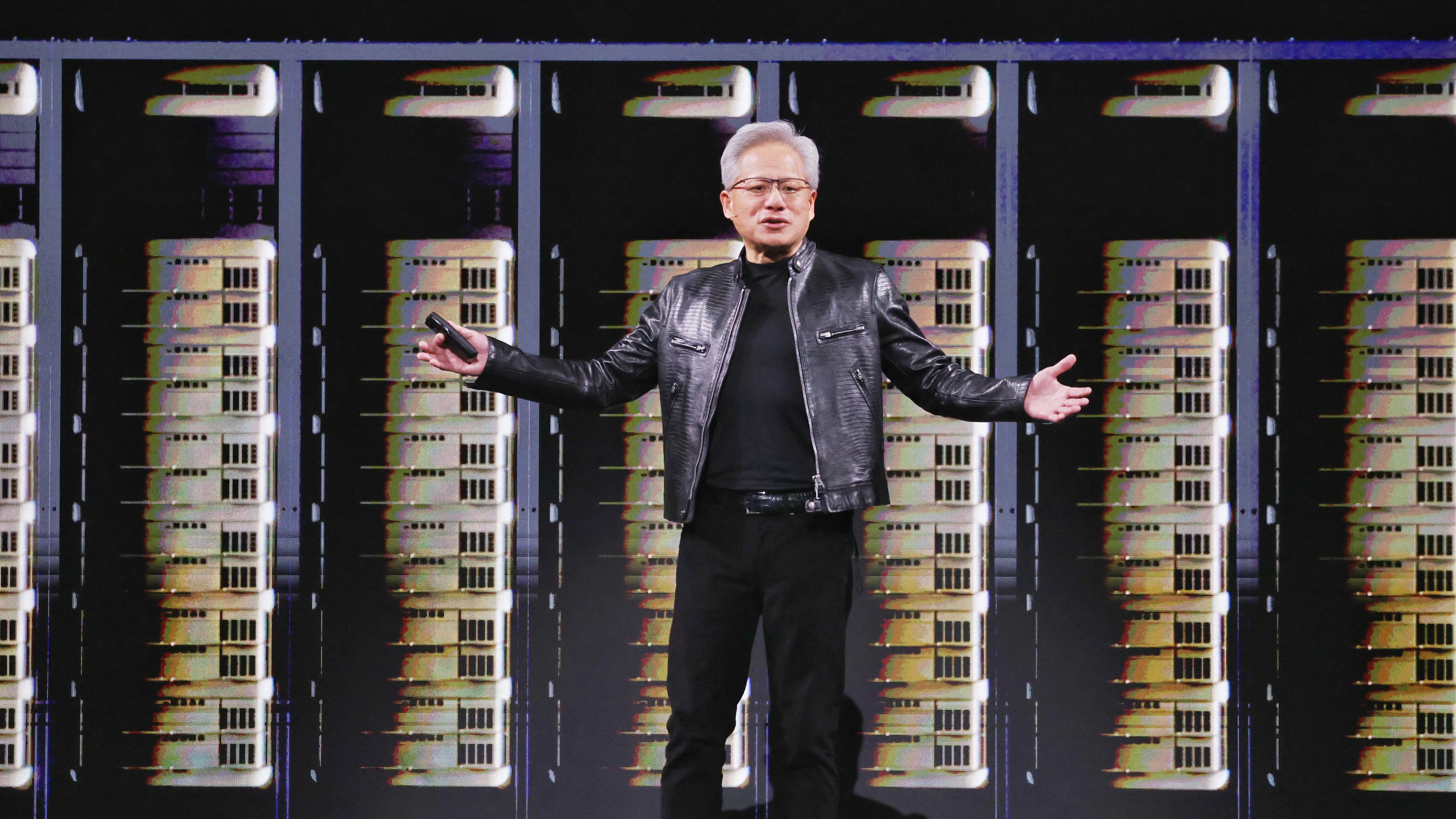 Nvidia CEO Jensen Huang presenting information about Vera Rubin chip systems this year. Photo via Getty