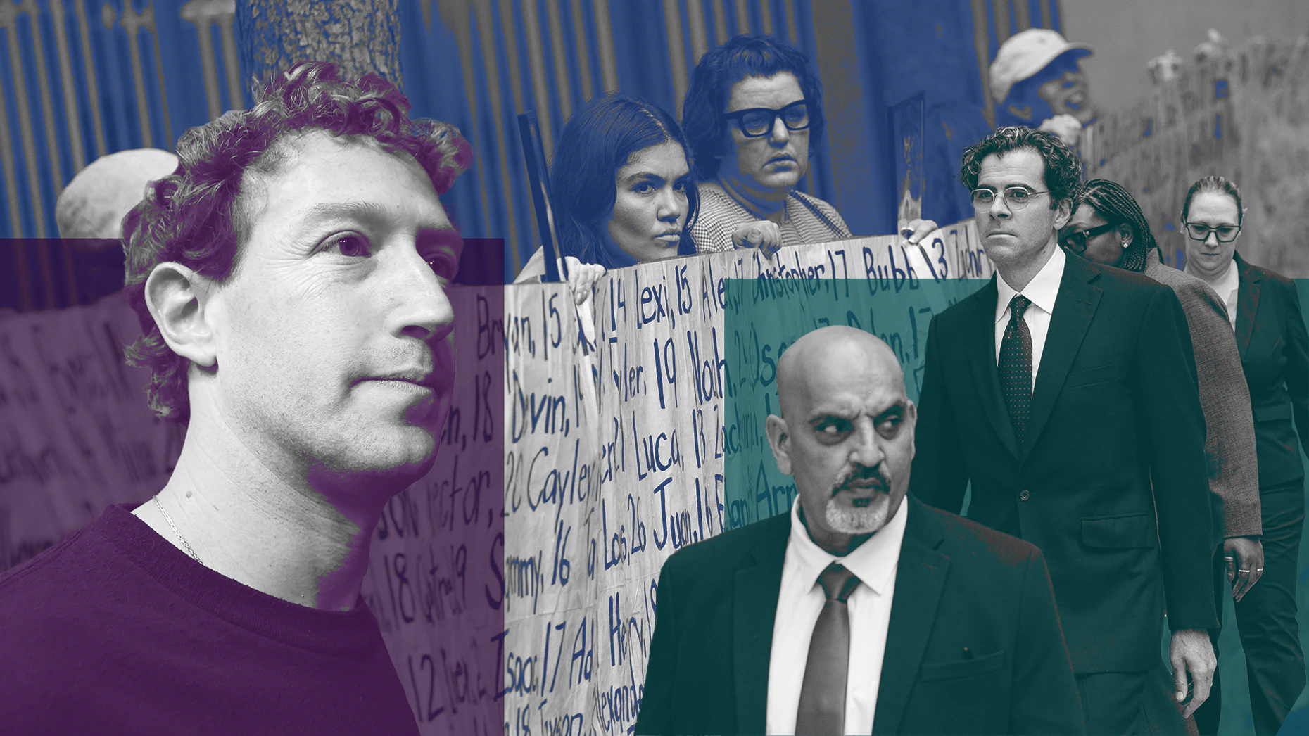 Left: Meta CEO Mark Zuckerberg. Center: Demonstrators outside of Meta’s trial. Right: Head of Instagram Adam Mosseri and team leaving the courthouse. Photos: Getty Images. Art: Shane Burke.