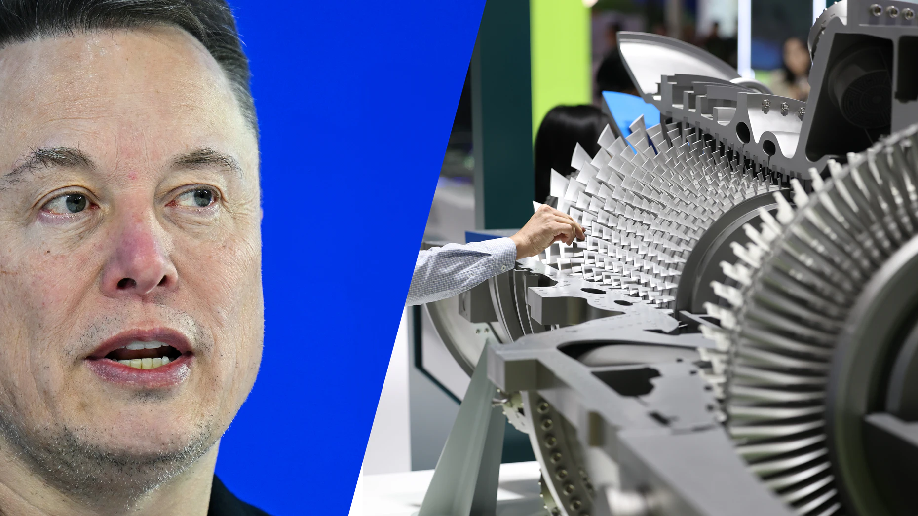 SpaceX CEO Elon Musk and a GE Vernova gas turbine part. Photos via Getty Images.
