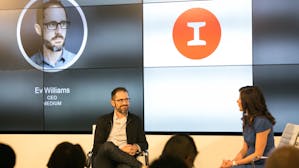 Medium CEO and Twitter co-founder Evan Williams talking with The Information's Jessica Lessin on Friday. Photo by Julie Mikos.