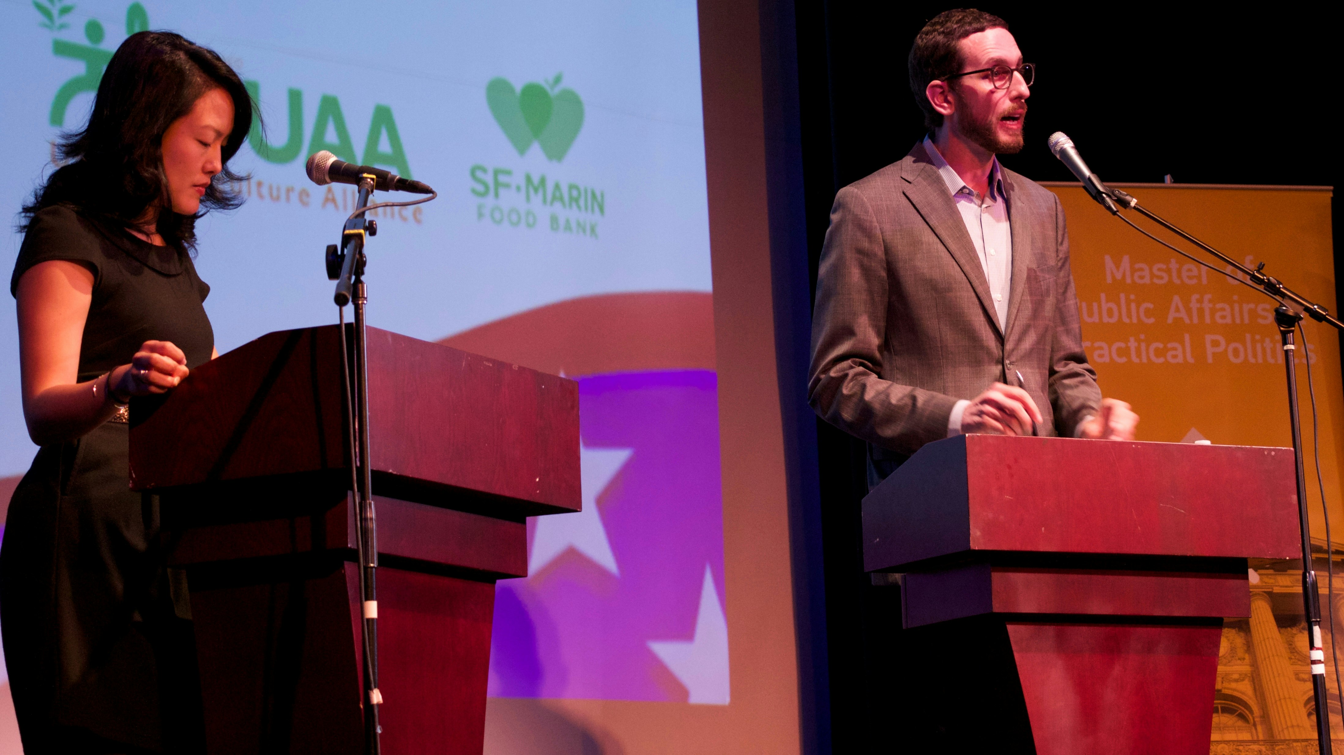 State senate candidates Jane Kim and Scott Wiener debating in early October. Photo by Flickr/Racquel Gonzales.