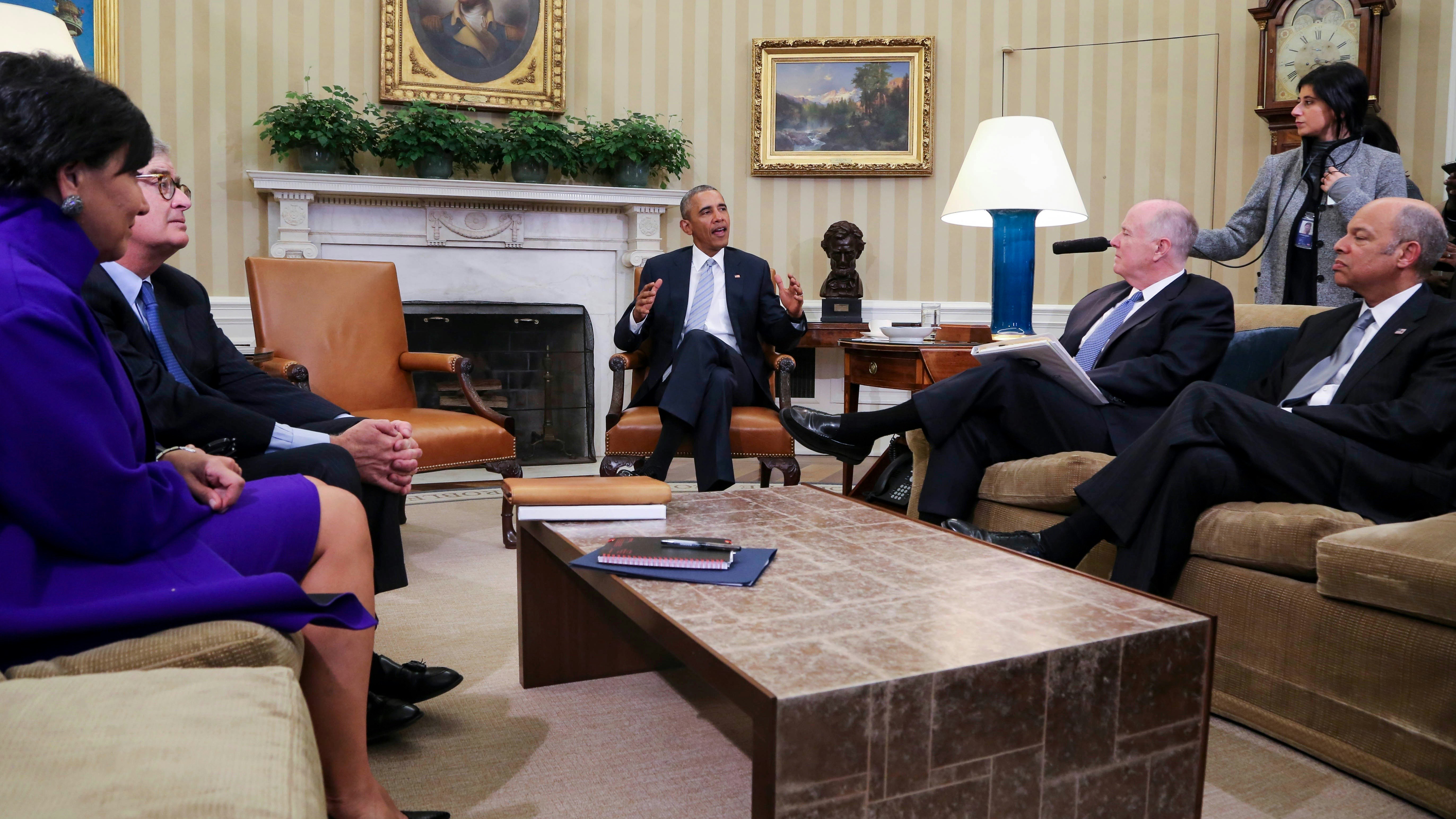Commerce Secretary Penny Pritzker, former IBM CEO Sam Palmisano, President Obama, former National Security Advisor Tom Donilon and Homeland Security Secretary Jeh Johnson. Messrs Palmisano and Donilon lead the president's cybersecurity panel. Photo by AP.