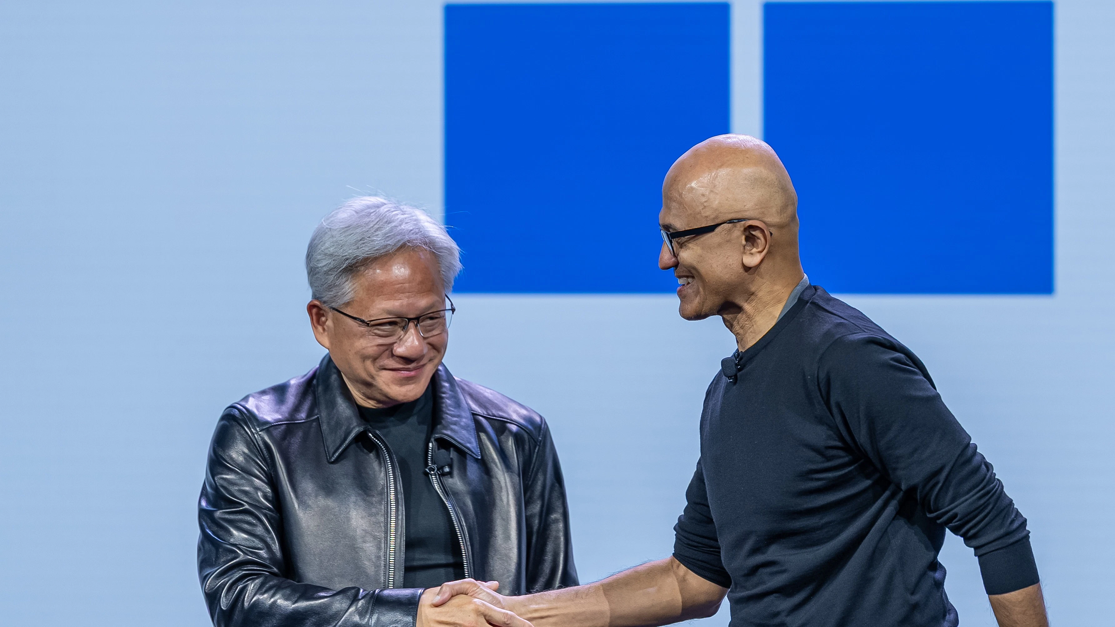 Microsoft CEO Satya Nadella, right, with Nvidia CEO Jensen Huang last week. Photo via Getty
