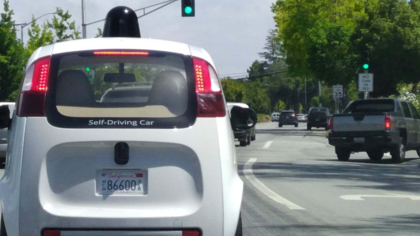 A Google self-driving car on the road in Mountain View, Calif. Photo by Amir Efrati. 