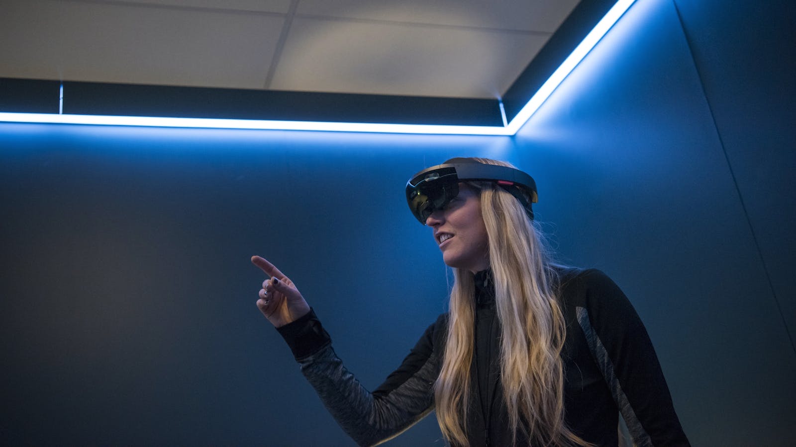 A Microsoft employee demonstrating the HoloLens at a developer conference in March. Photo by Bloomberg.