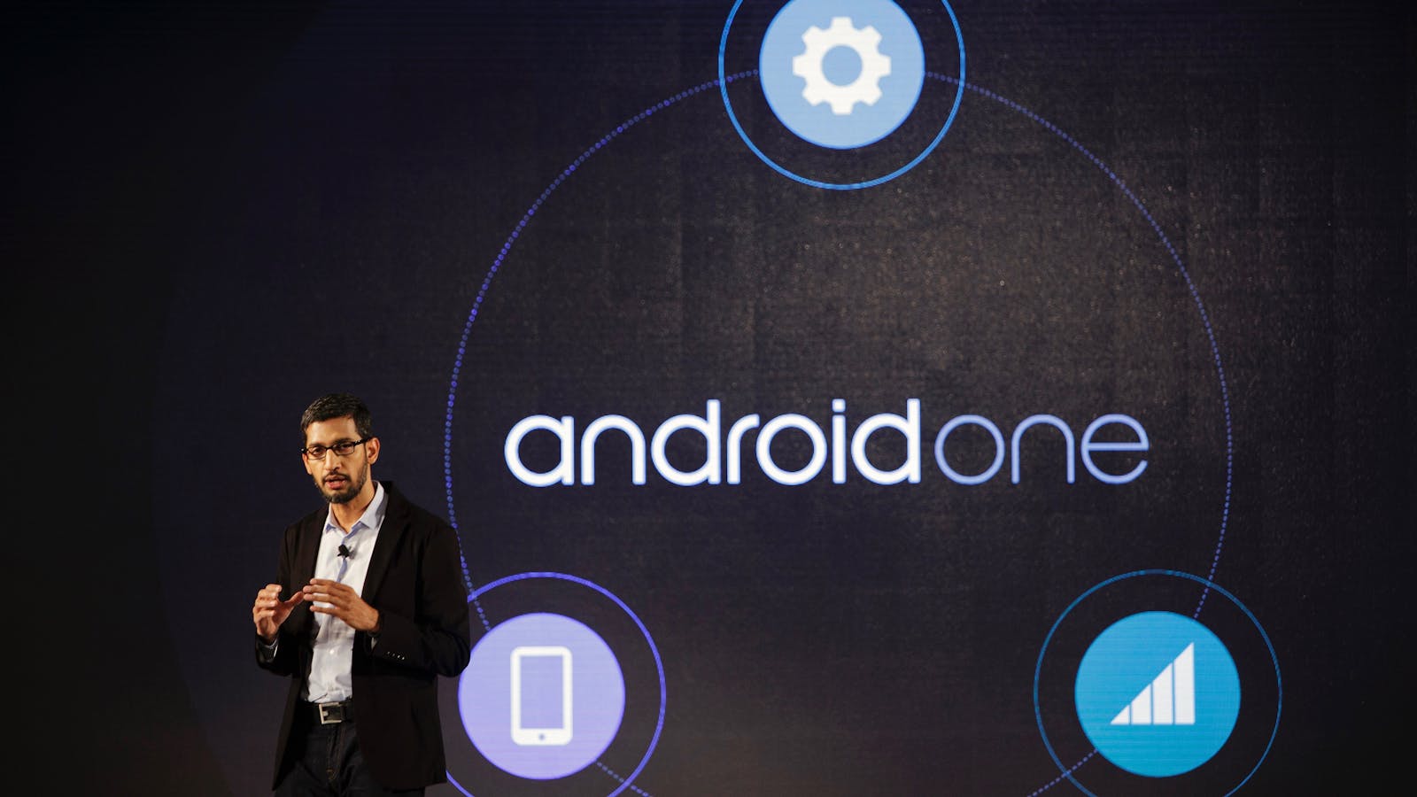 Google CEO Sundar Pichai launching Android One in India in 2014. Photo by Bloomberg.
