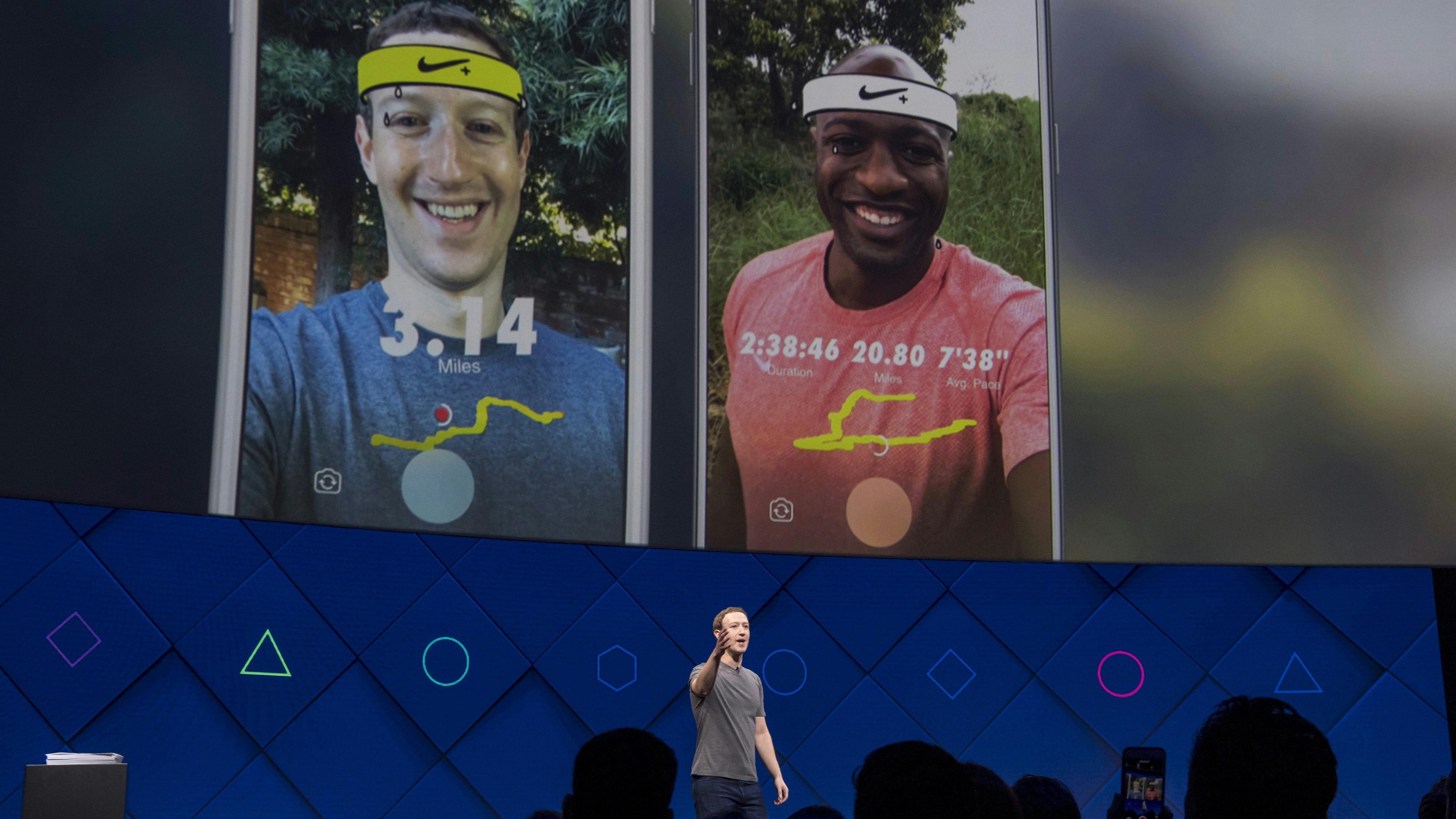 Facebook CEO Mark Zuckerberg showing off new Nike-branded camera effects at this week's F8. Photo by Bloomberg.