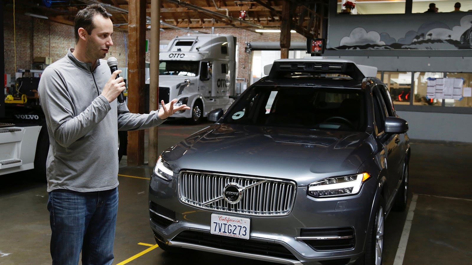 Anthony Levandowski discussing Uber's self-driving car effort last December. Photo by AP.