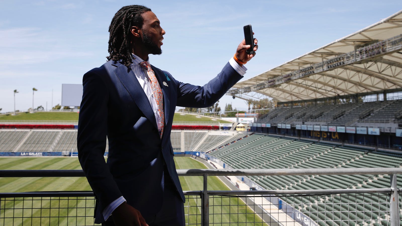 Los Angeles Chargers first-round draft pick Mike Williams records video for Snapchat in April. Photo by AP. 