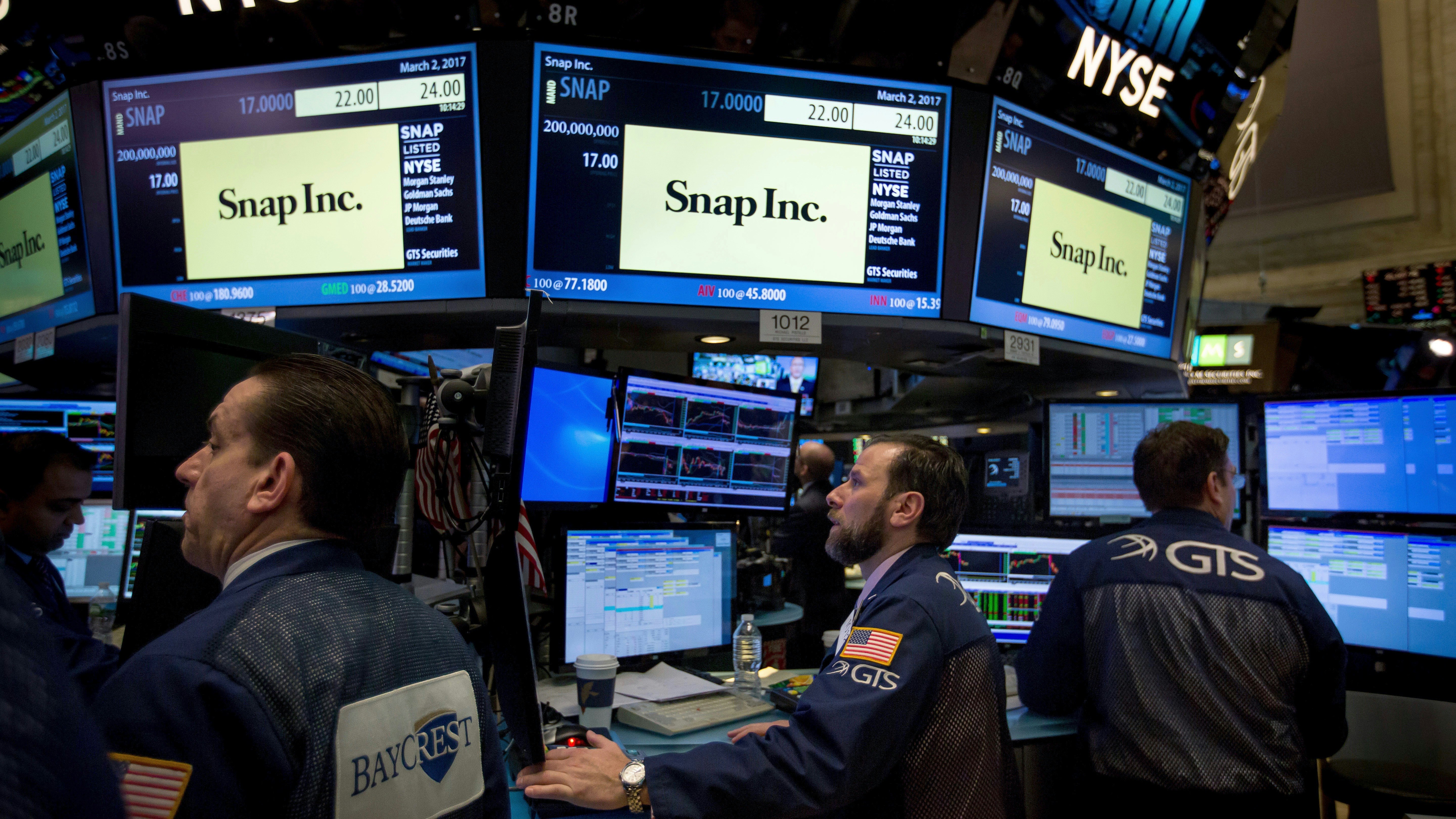 Traders on the floor of the New York Stock Exchange when Snap went public in March. Photo by Bloomberg.
