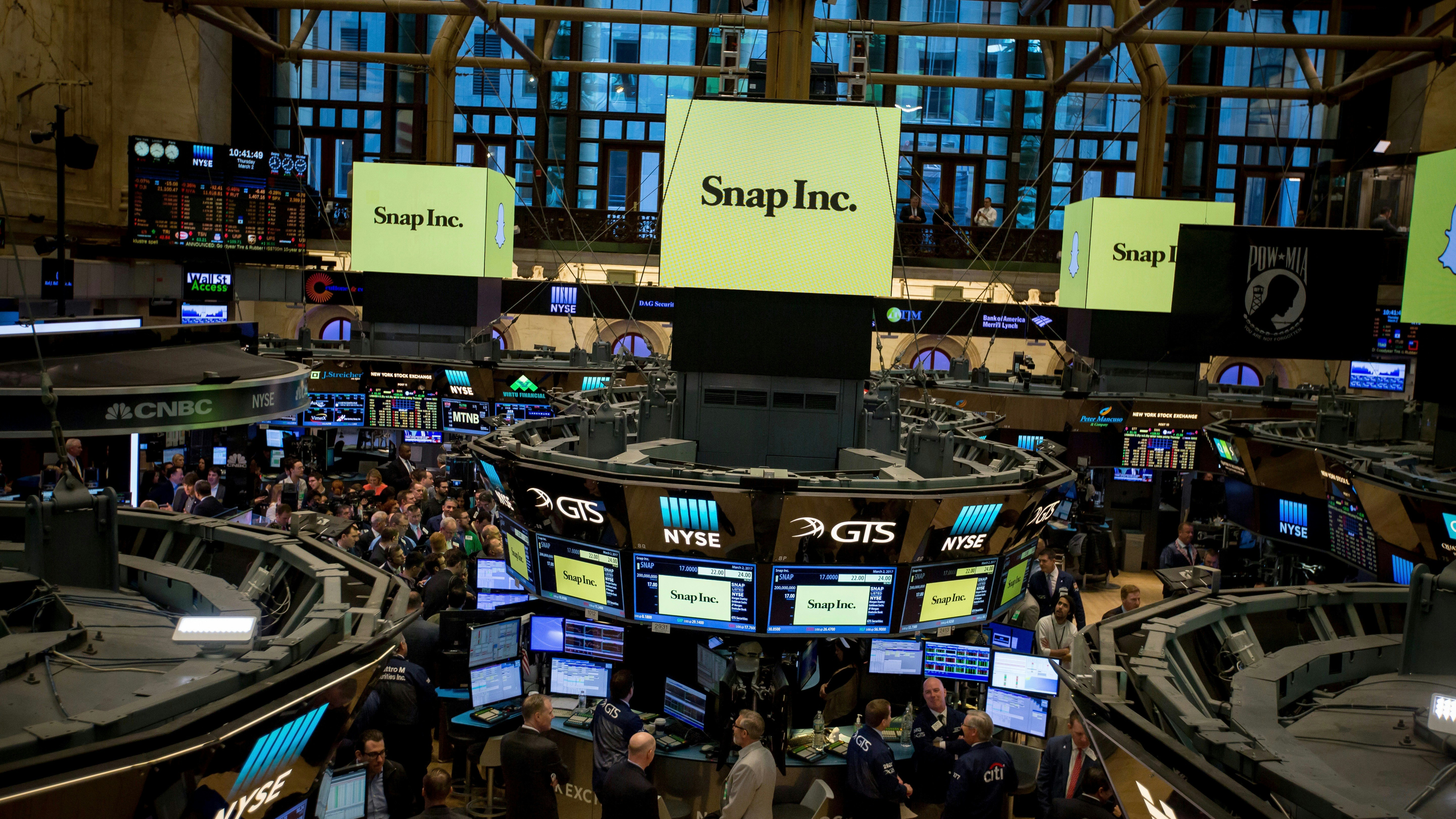 Snap stock signs on the New York Stock Exchange at the time of its IPO in early March. Photo by Bloomberg.